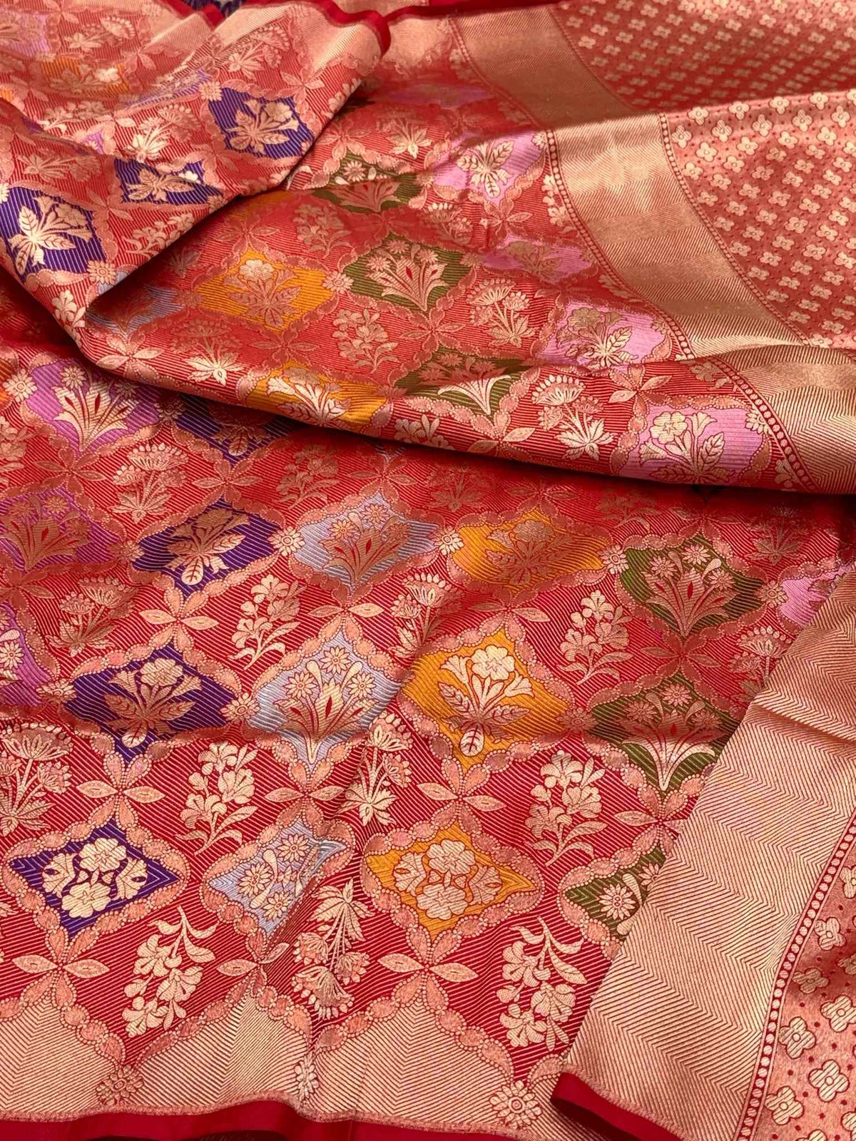 Red Pure Katan Mulberry Silk Handloom Banarasi Saree - Modern Rangkaat Saree