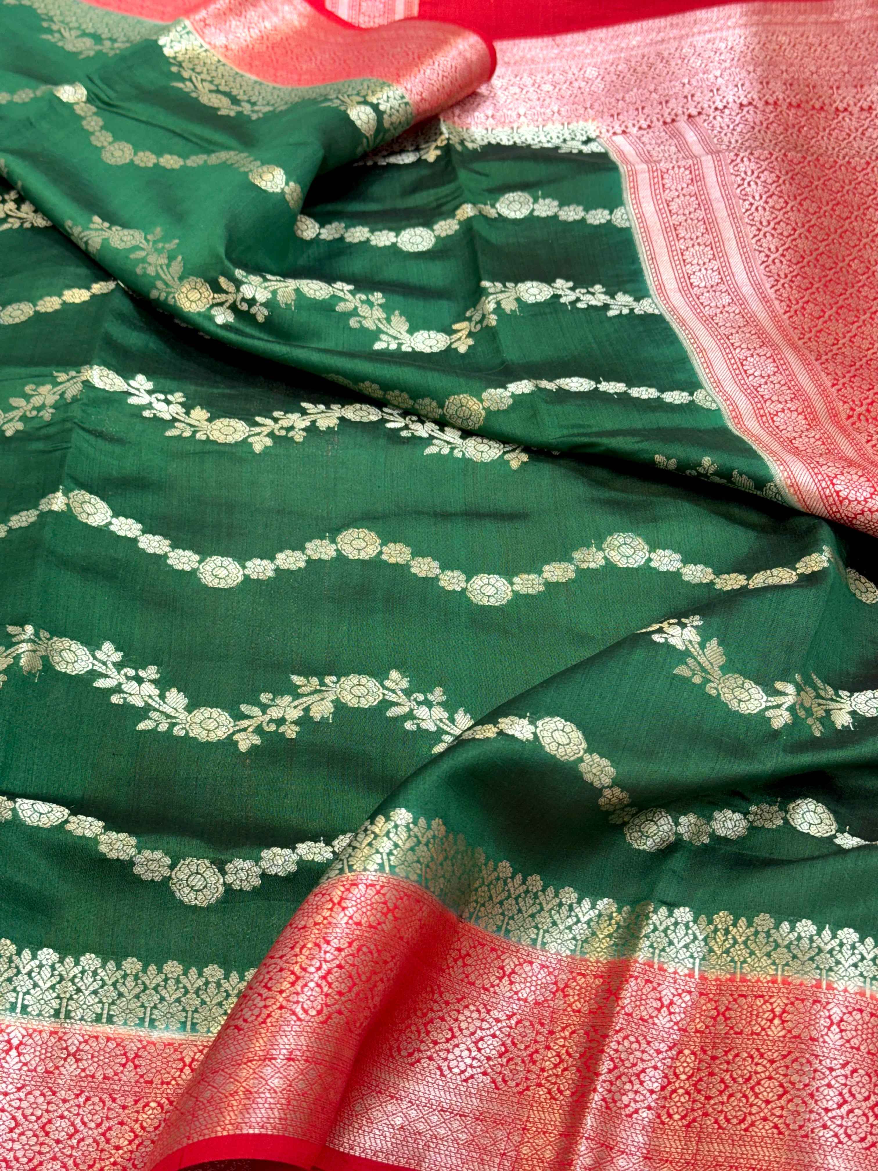 Bottle Green Pure Mulberry Chiniya Silk Lightweight Handloom Banarasi Saree