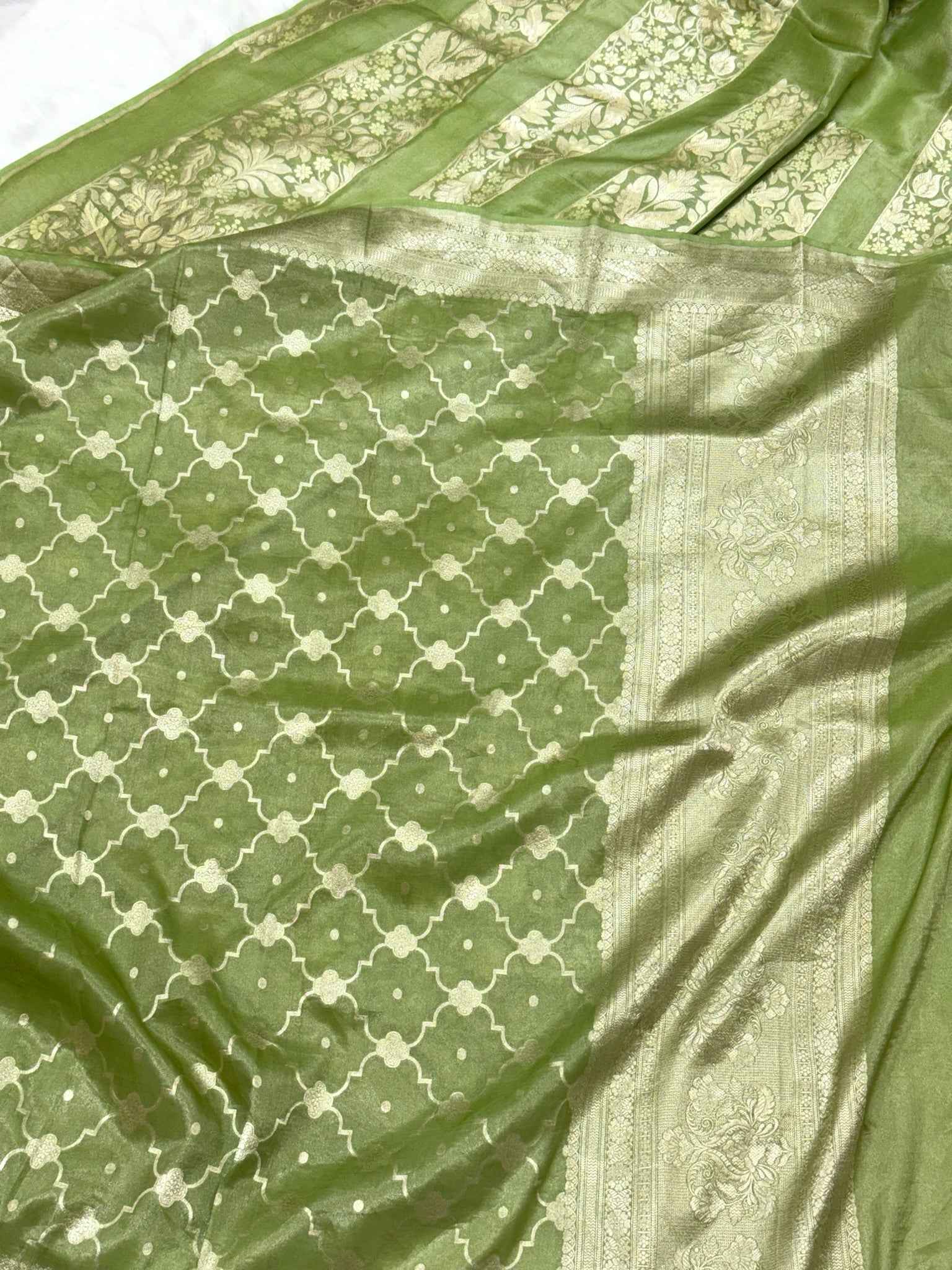 Pista Green Katan Tissue Pure Handwoven Lahenga