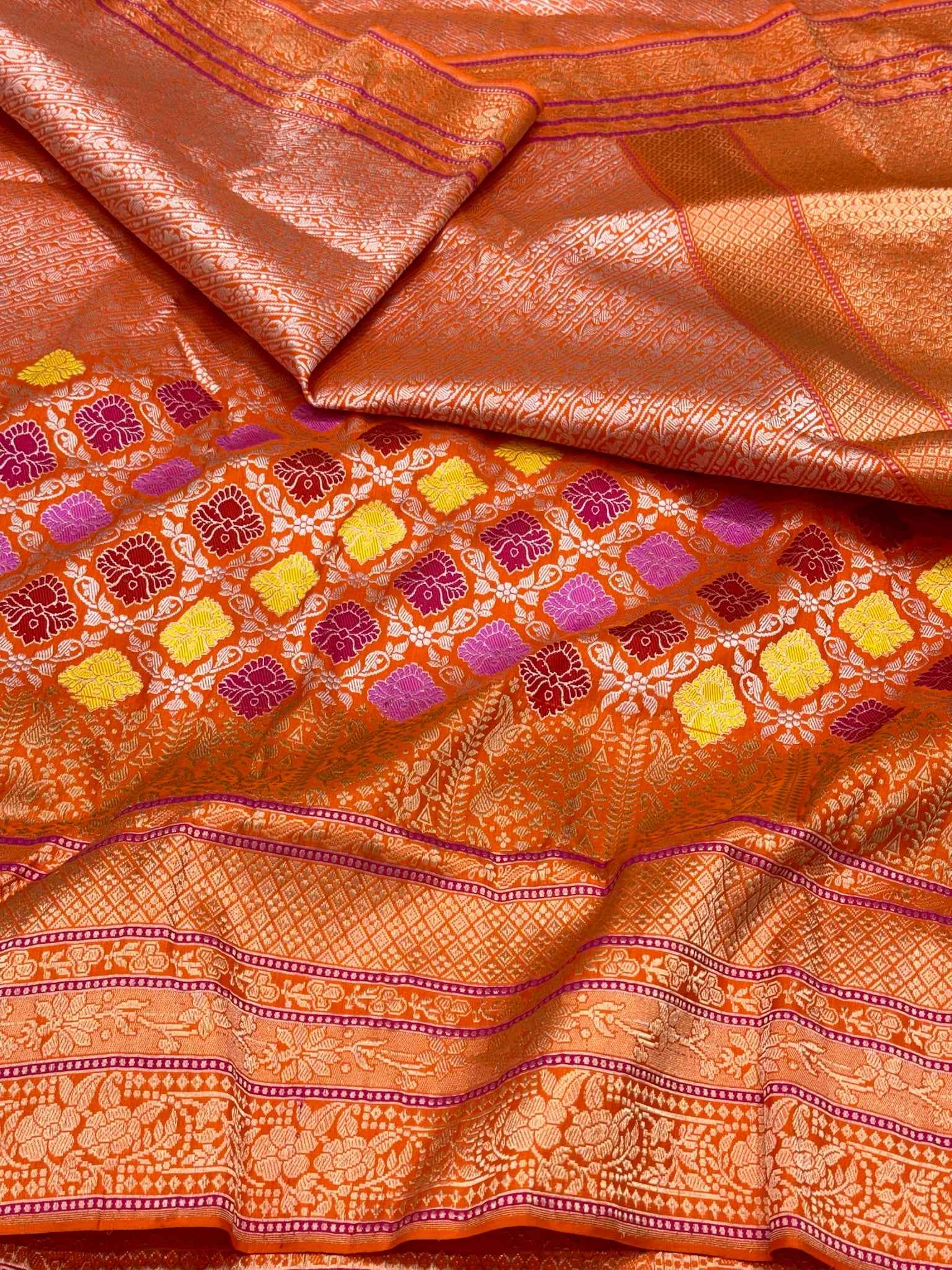 Orange Pure Mulberry Katan Silk Handwoven Banarasi Brocade Saree - Kadhwa Weave
