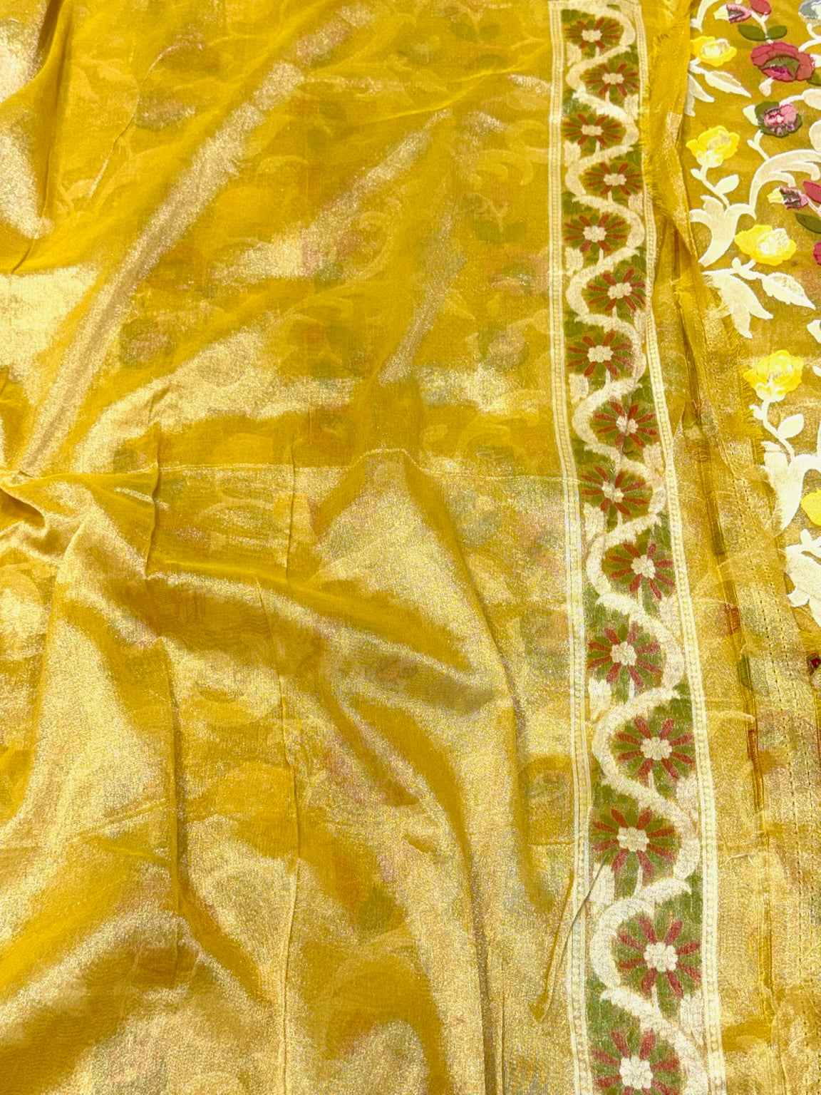Mustard Yellow Pure Muslin Cotton Tissue Silk Jamdani Handloom Exclusive Banarasi Lightweight Saree