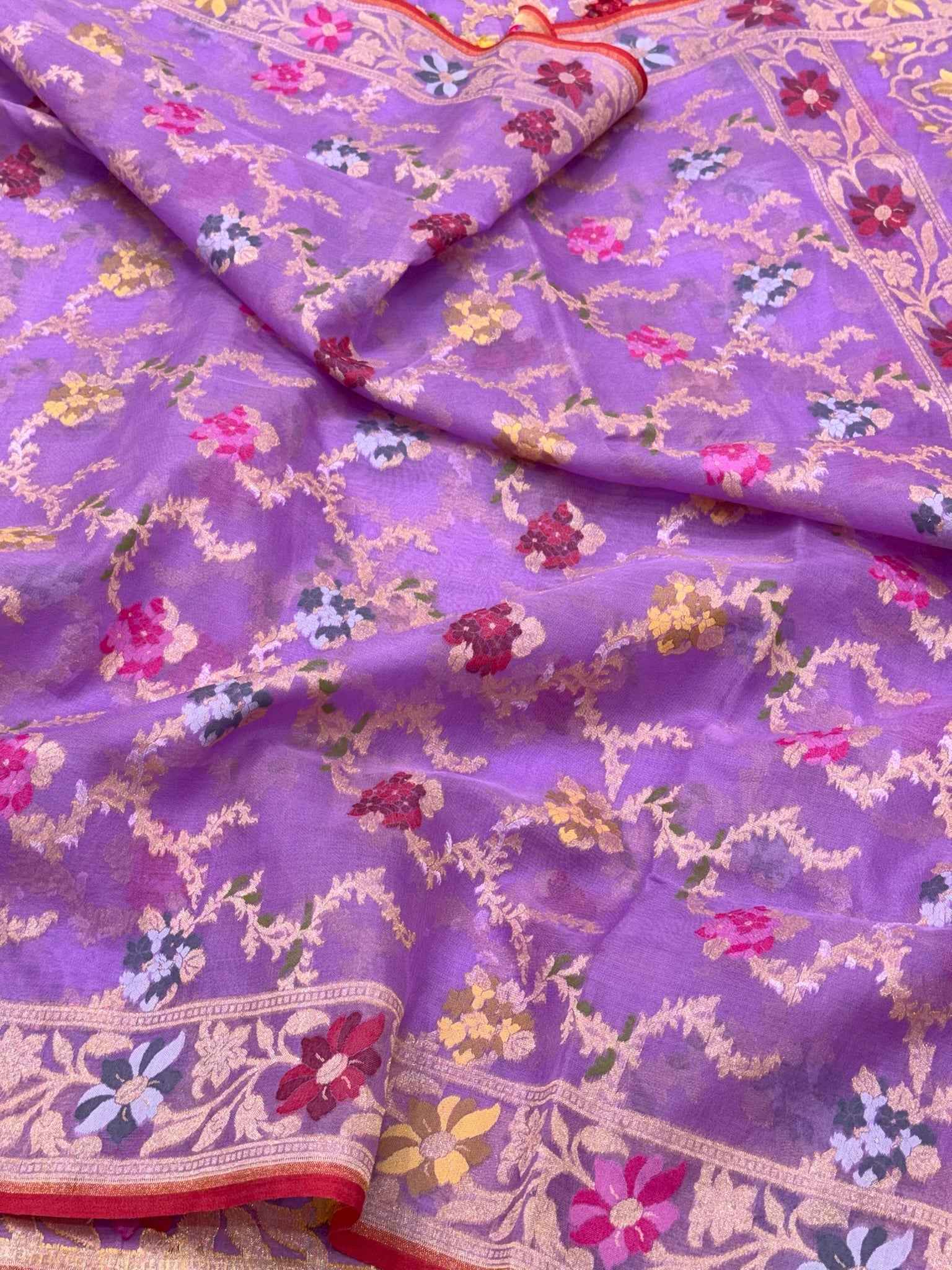 Lavender Pure Mulberry Kora Silk Handloom Jamdani | Ektara Weave | Banarasi Saree