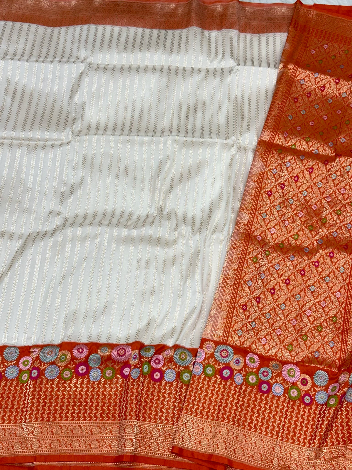 Off White Pure Katan Mulberry Handwoven Banarasi Saree | Kadhwa + Kadhiyal | The Couture Drape
