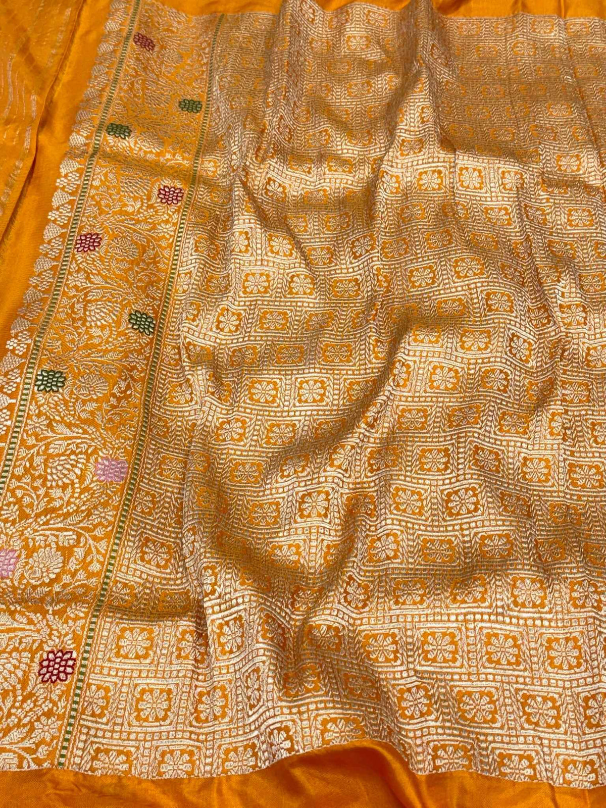Gray/Mustard Yellow Handwoven Ektara Banarasi Saree - Pure Mulberry Katan Silk | Six Yards Luxury