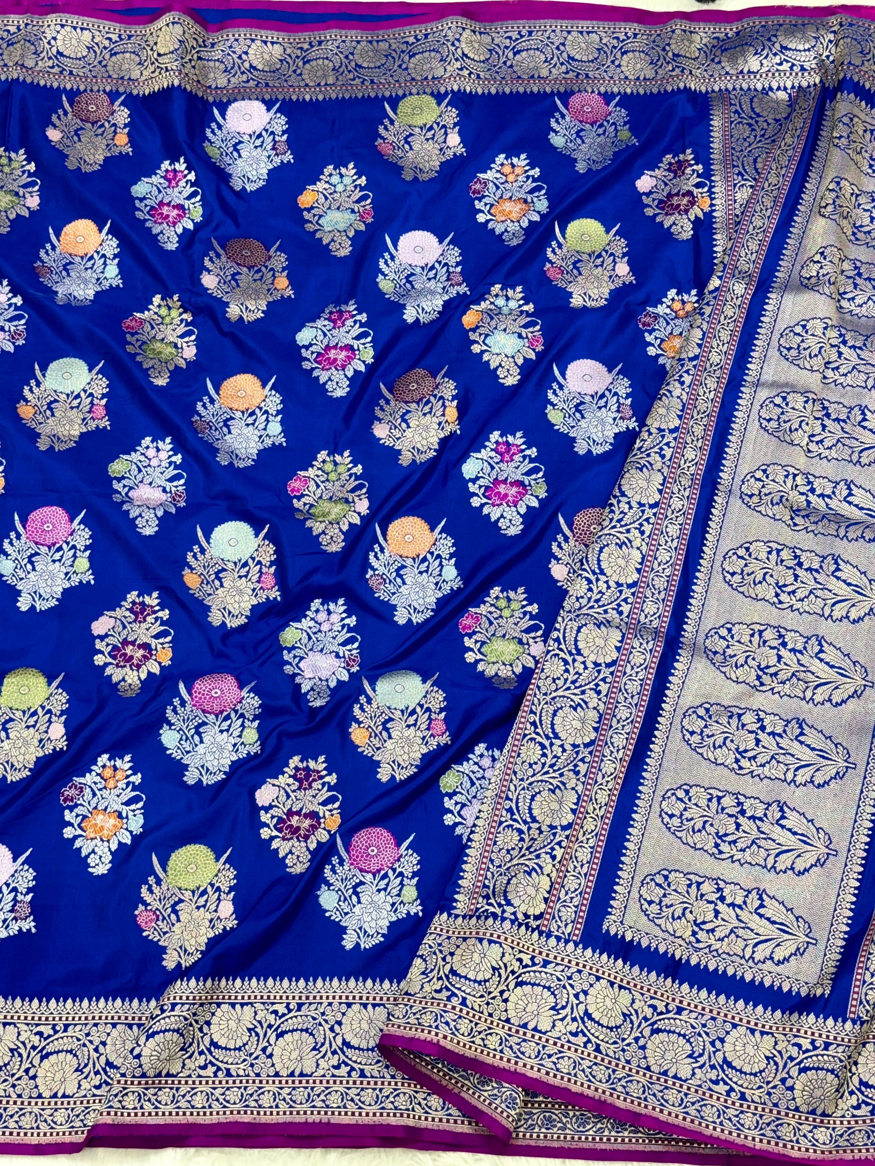 German Blue Pure Mulberry Katan Silk Handwoven Banarasi Saree