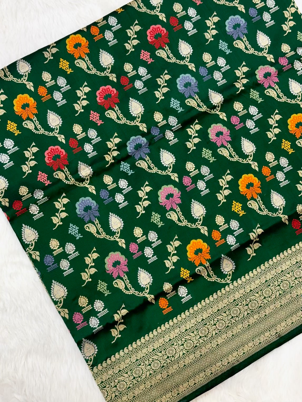 Bottle Green Pure Mulberry Katan Silk Handwoven Banarasi Saree