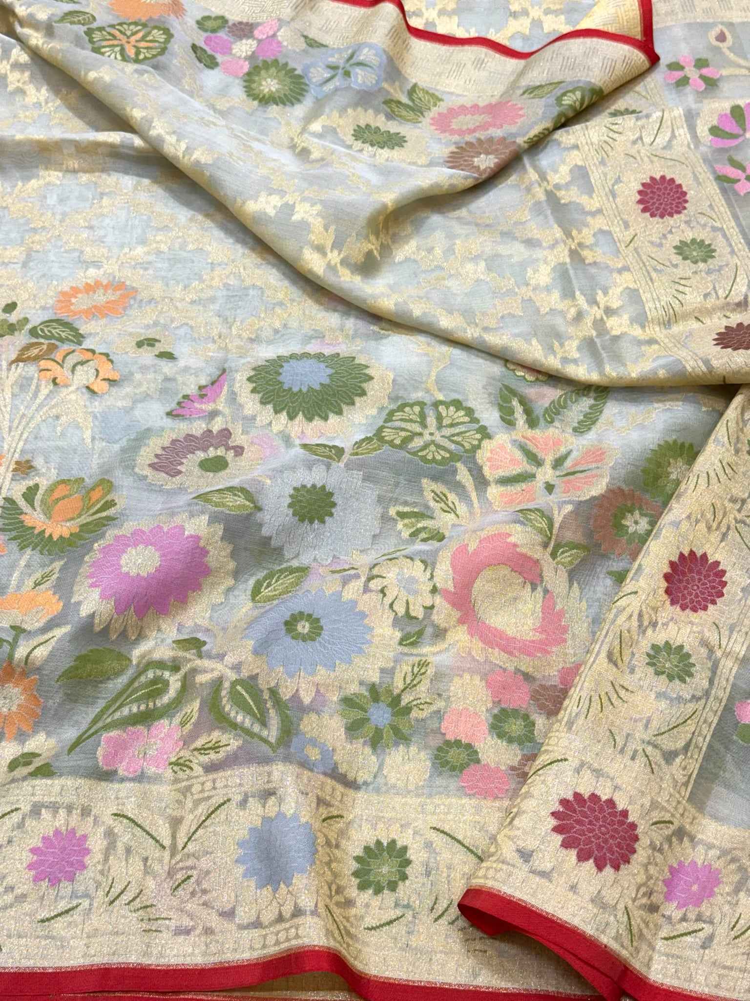 Pastel Green Pure Mulberry Kora Silk | Ektara Technique | Jamdani Handloom Contemporary Banarasi Modern Saree