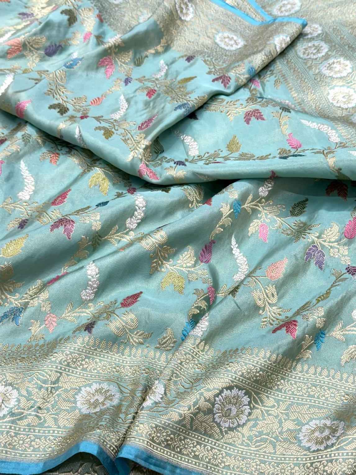 Turquoise Blue Pure Katan Silk Saree - Pure Tissue Silk Handwoven Saree | Premium Kadhwa Weave Banarasi Silk Saree