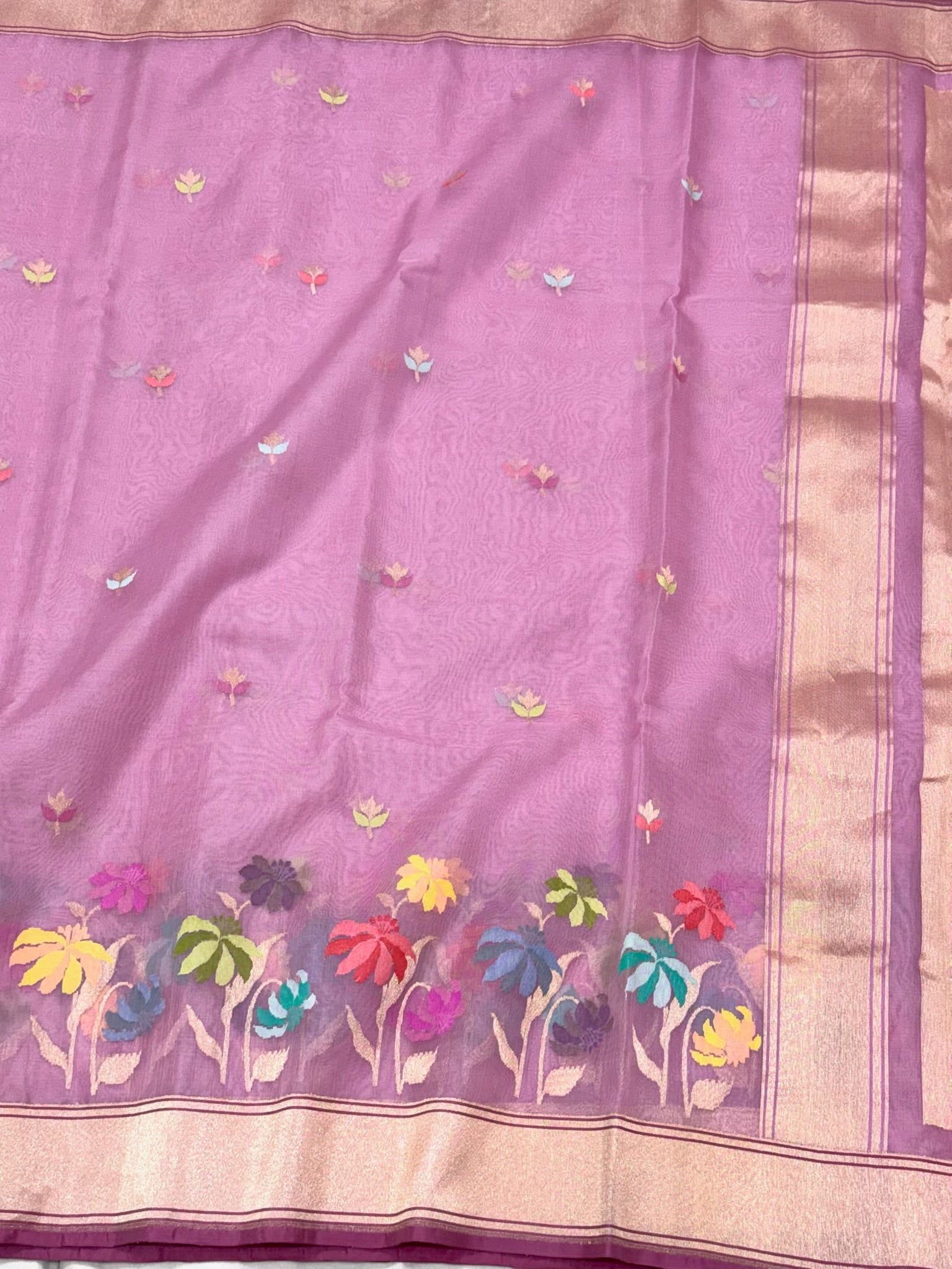 Powder Pink Pure Kora Mulberry Silk Handwoven Banarasi Saree | Kadhwa Weave Lightweight Saree