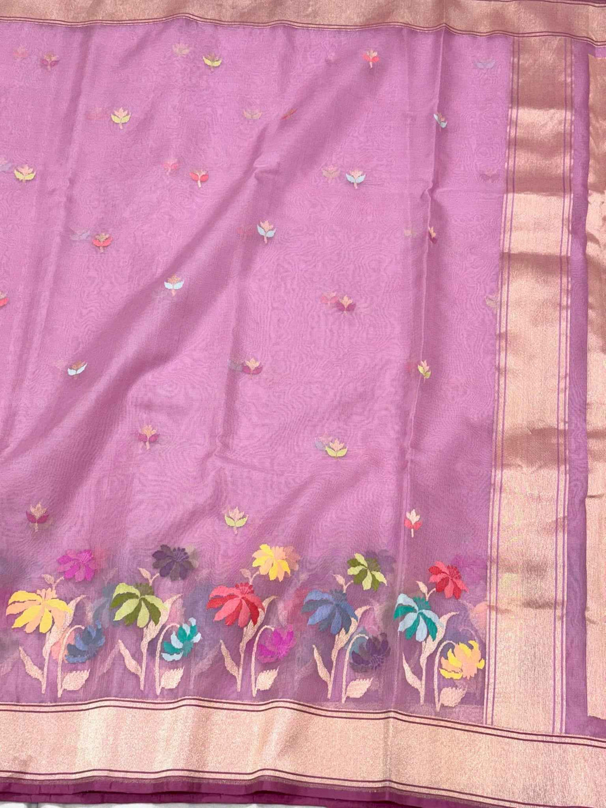 Powder Pink Pure Kora Mulberry Silk Handwoven Banarasi Saree | Kadhwa Weave Lightweight Saree