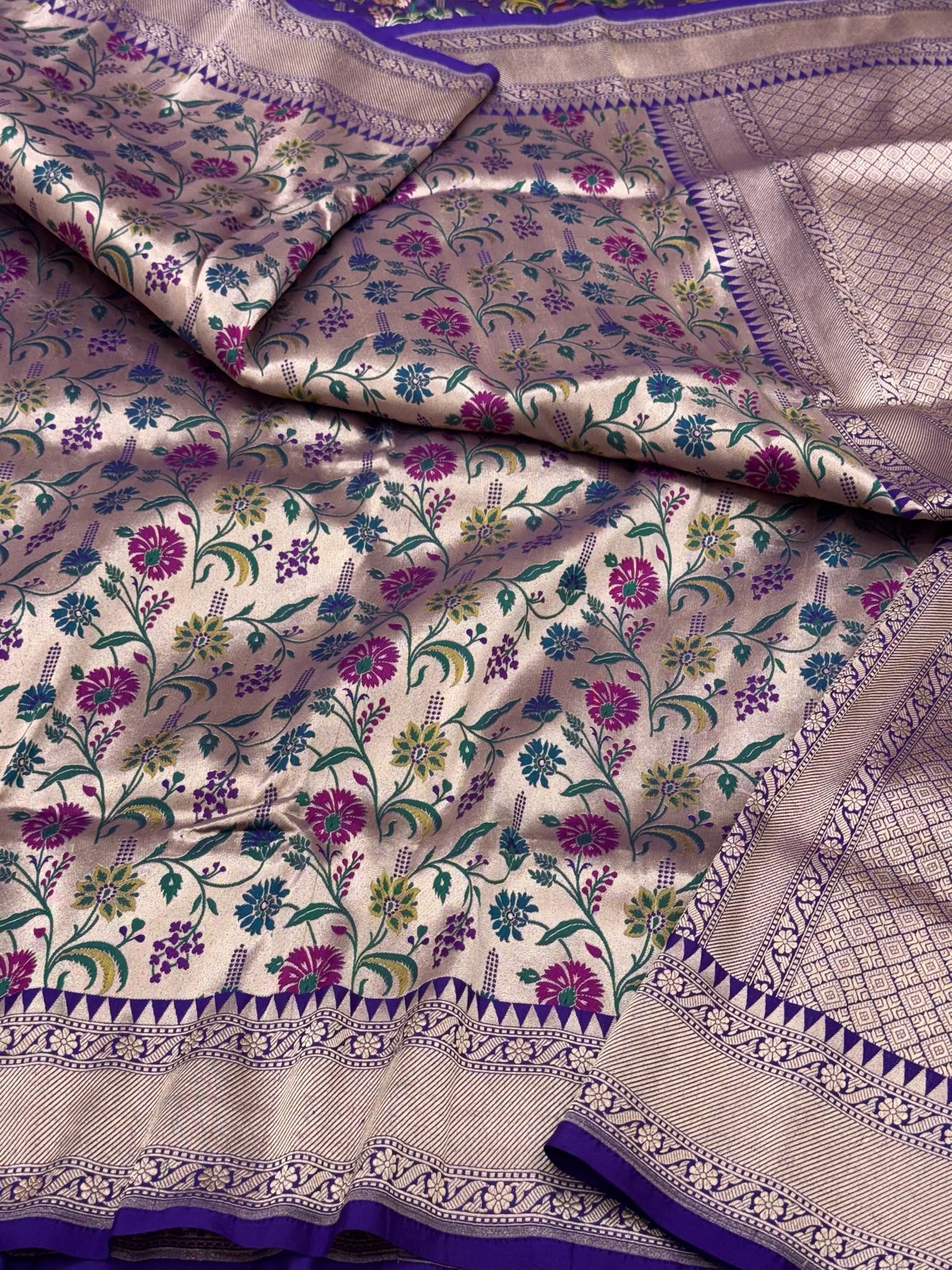 Gold/Purple Pure Mulberry Katan Silk Handwoven | Kadhwa Weave | Banarasi Saree - Paithani Brocade Banarasi Saree