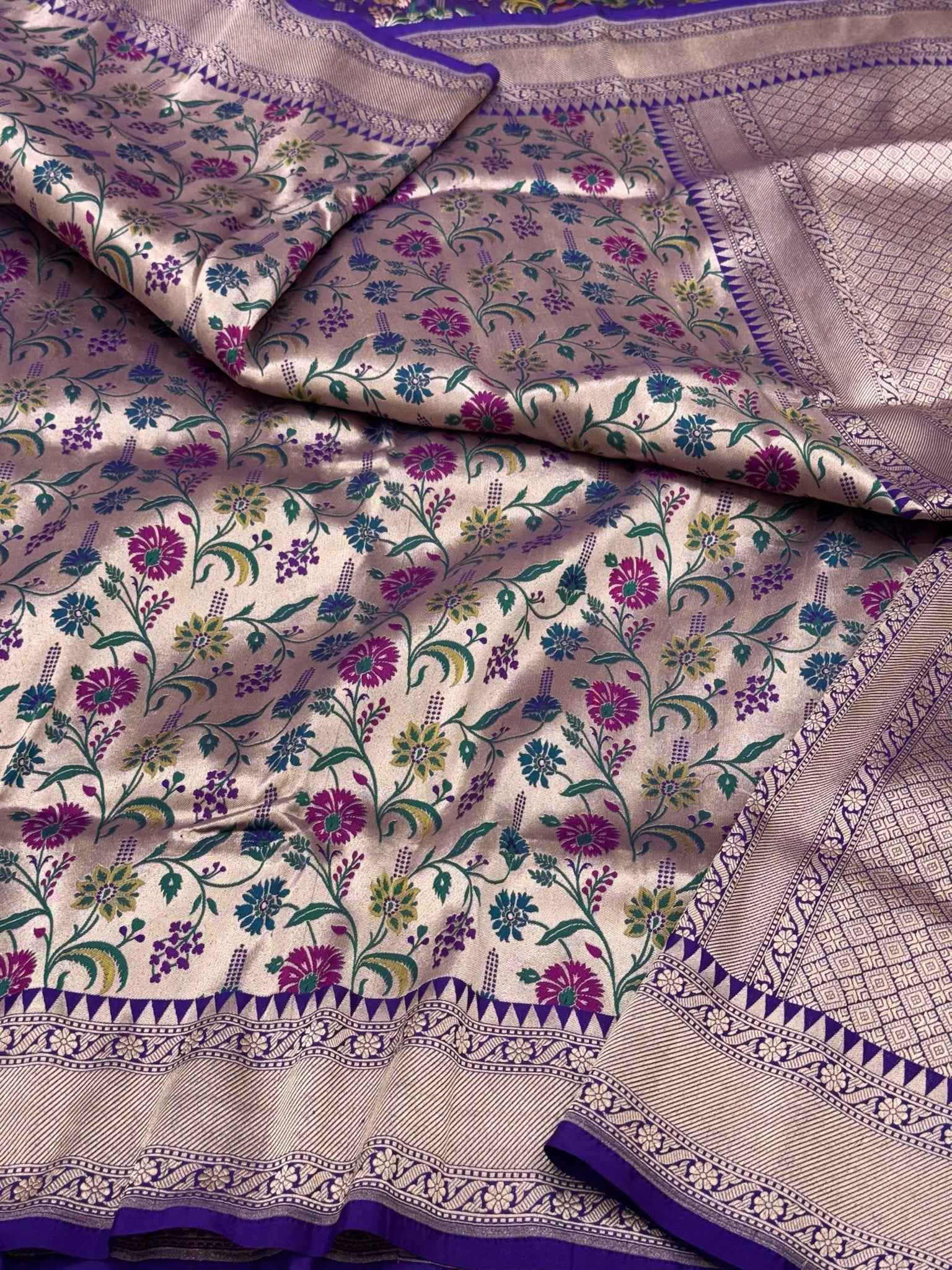 Gold/Purple Pure Mulberry Katan Silk Handloom Banarasi Saree - Paithani Brocade Banarasi Saree