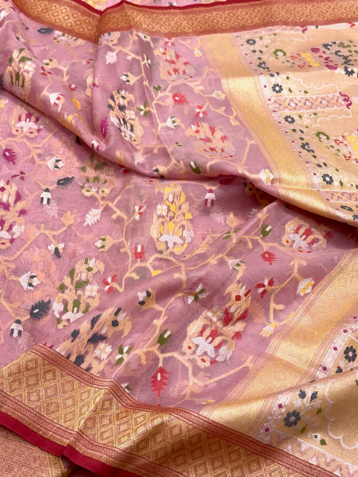 Mauve Pink Pure Soft Kora Silk - Ektara Weave Handloom Banarasi Saree