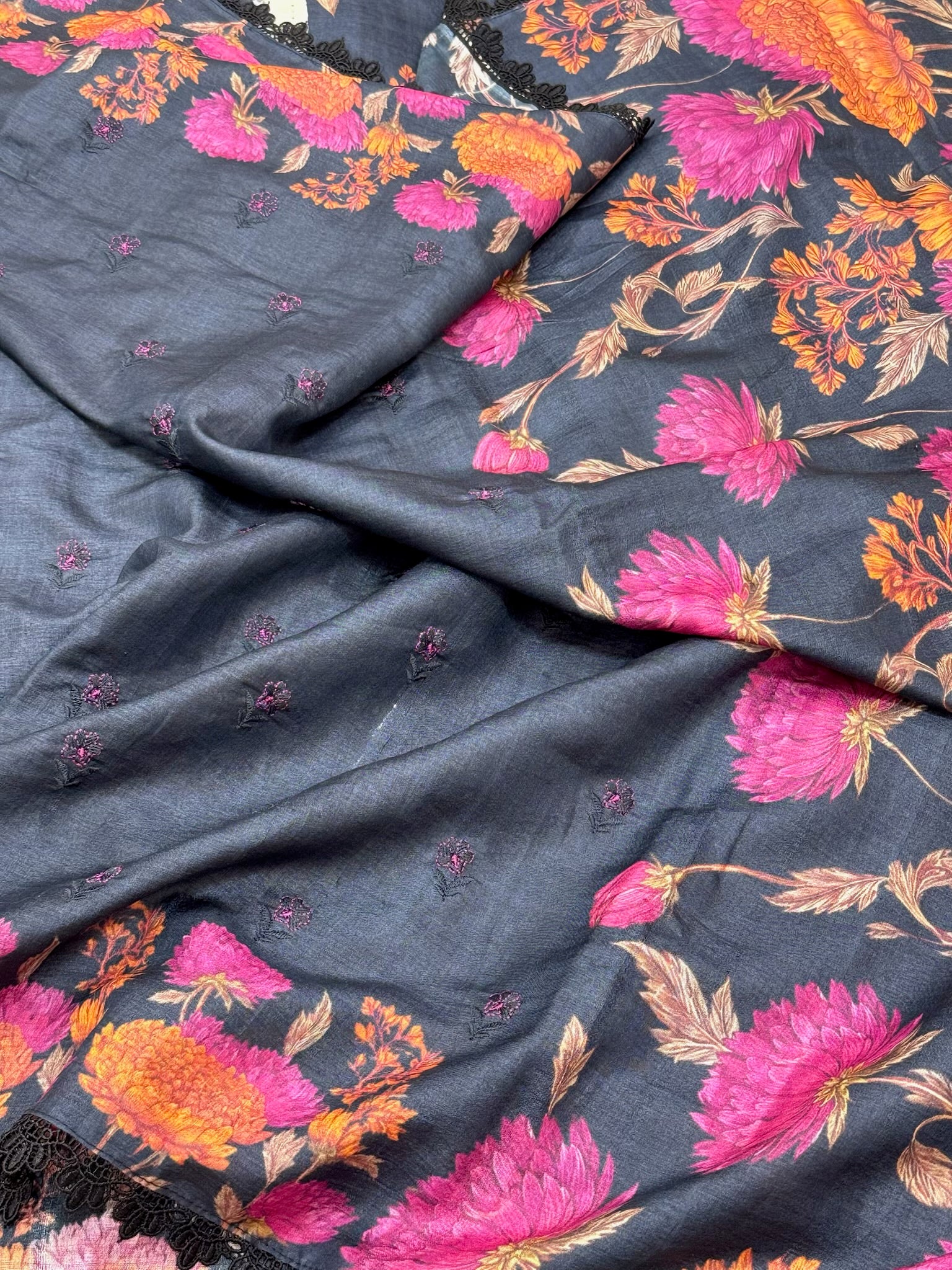 Dusty Blue Grey Pure Tussar Silk Handloom Printed with Embroidery Banarasi Saree - Soft Lightweight Banarasi Saree
