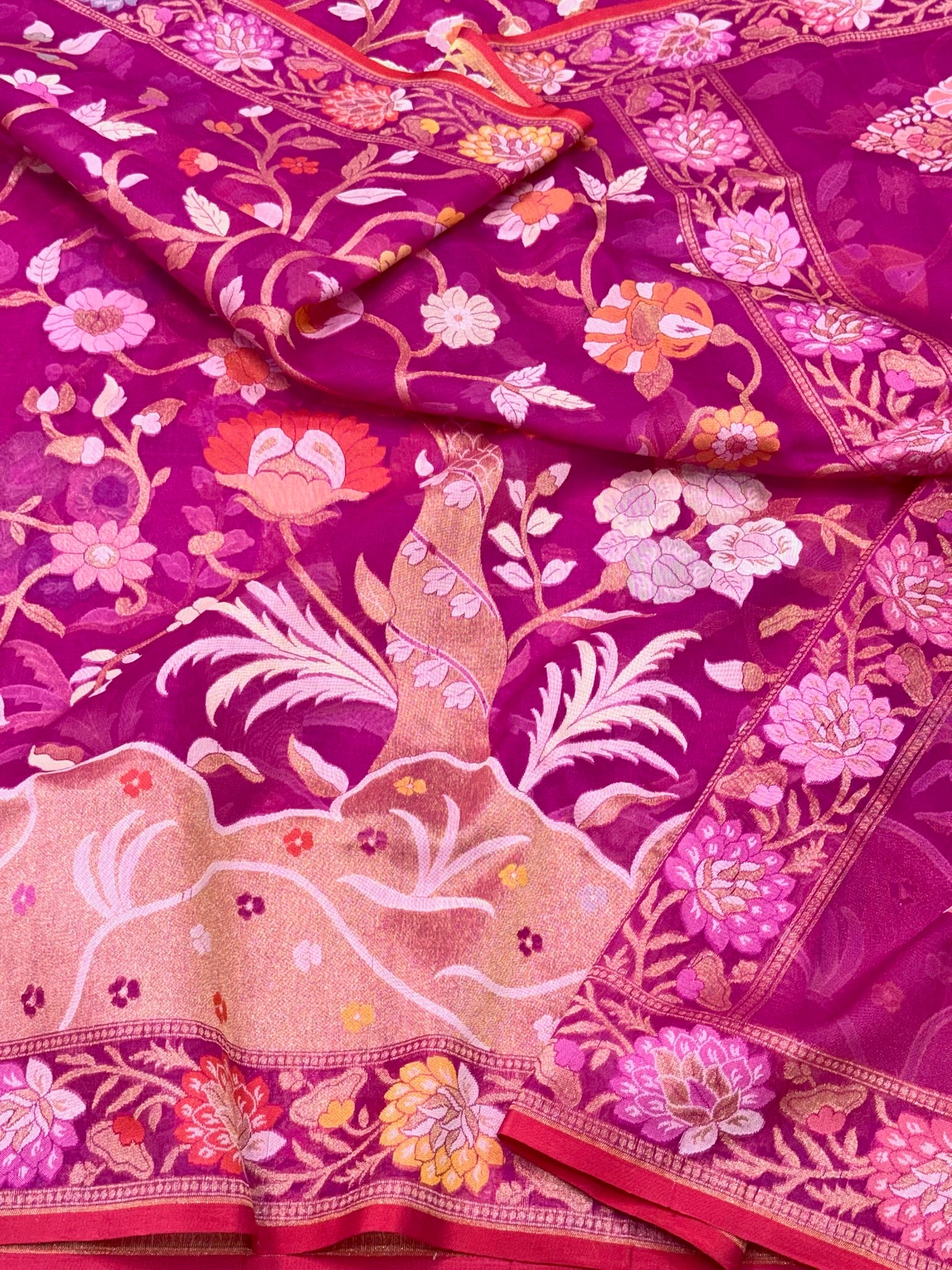 Hot Pink Pure Mulberry Kora Silk Ektara Jamdani Handloom Contemporary Banarasi Saree | Timeless Banarasi Elegance