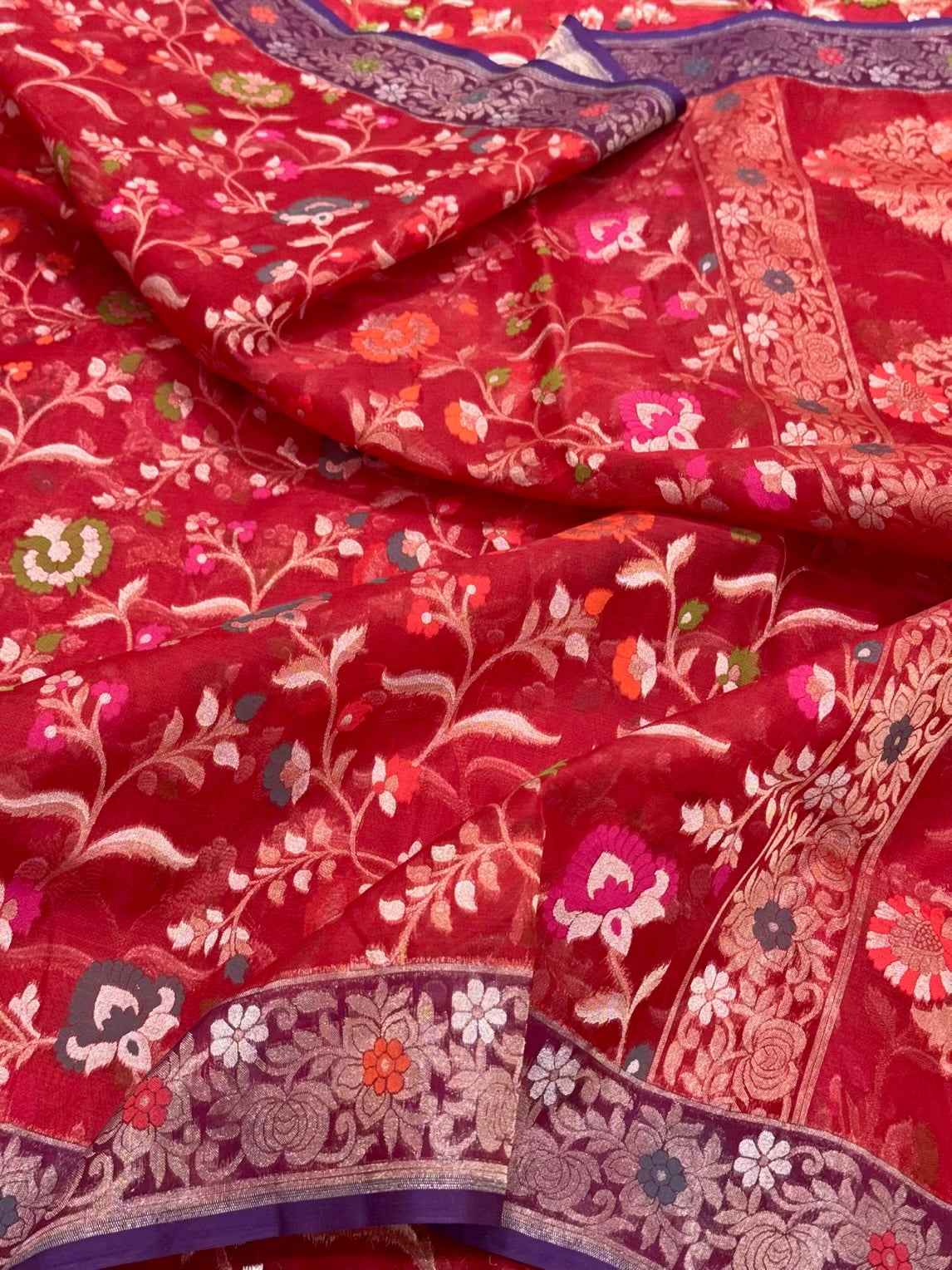 Red Banarasi 100% Pure Kora Silk Saree -Ektara Technique | Pure Handwoven Mulberry Silk Saree