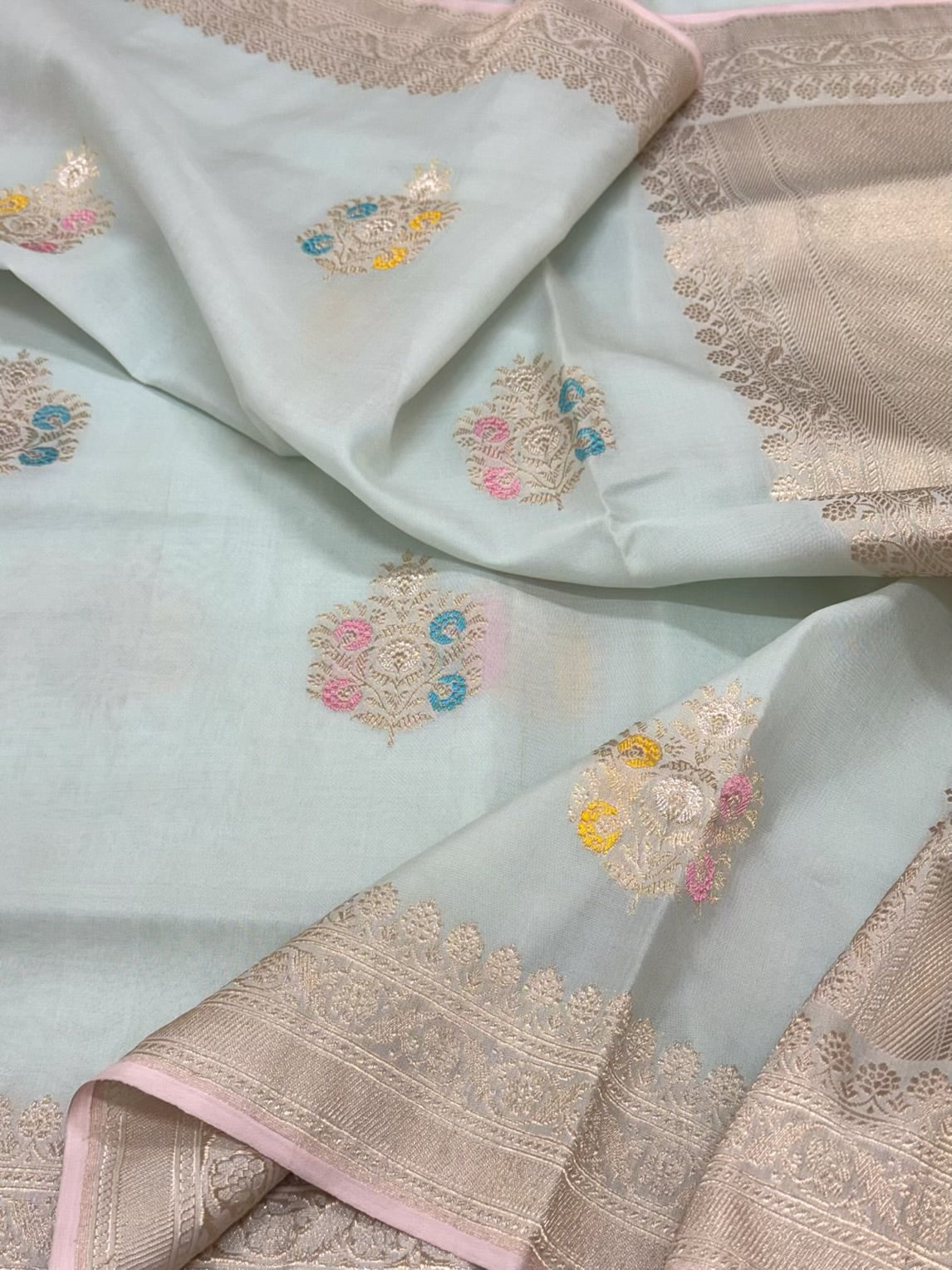 Pastel Blue Pure Mulberry Silk | Ektara Technique | Pure Kora Silk Handwoven Soft Drape Lightweight Banarasi Silk Saree