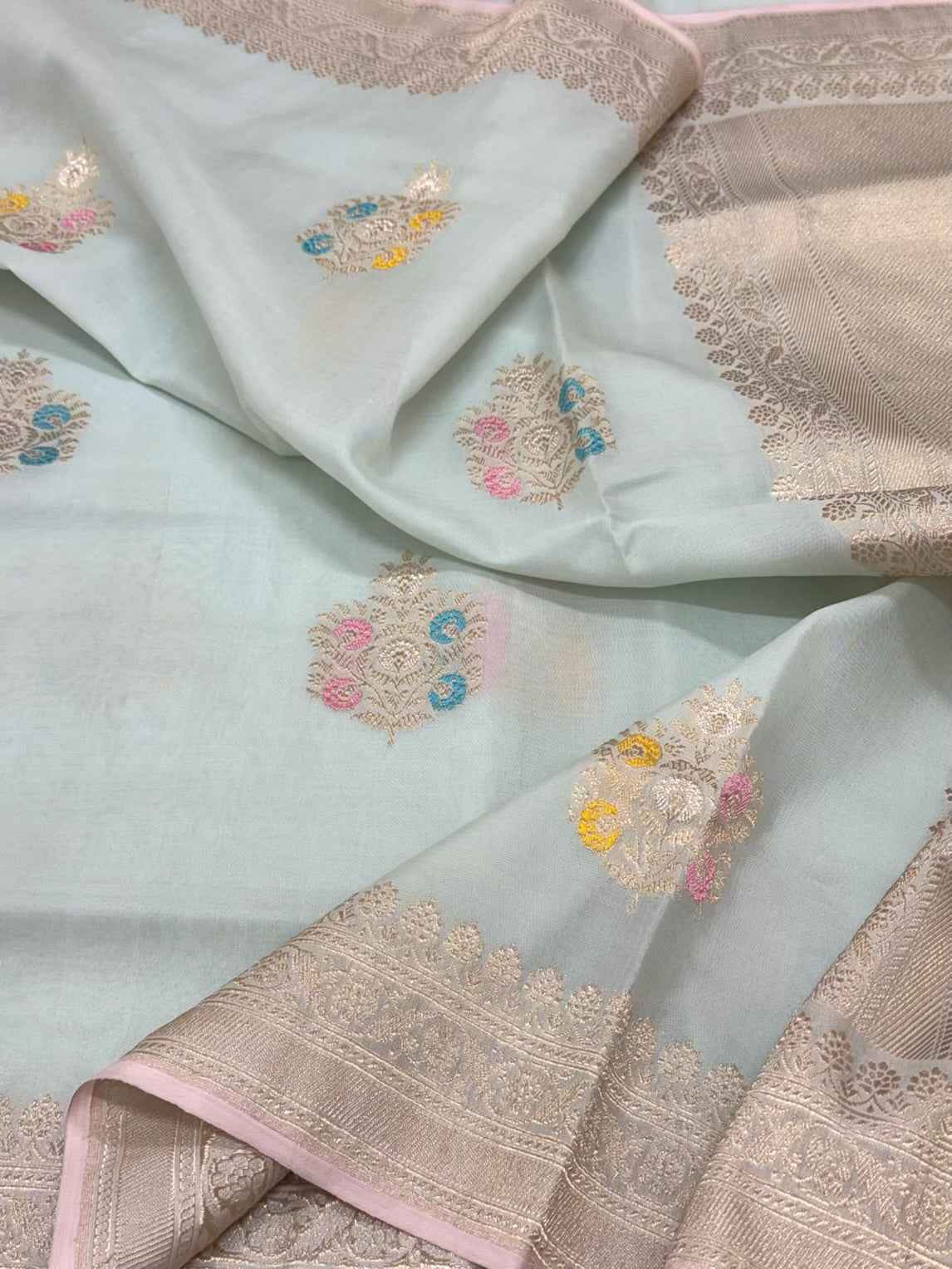 Pastel Blue Pure Mulberry Silk & Pure Kora Silk Handwoven Soft Drape Lightweight Banarasi Luxury Saree Saree