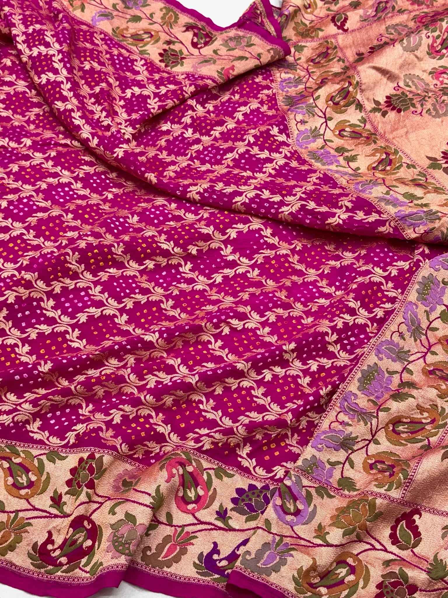 Rani Pink Handloom Banarasi Saree | Pure Chiffon Georgette Soft Drape Lightweight Bandhej Saree
