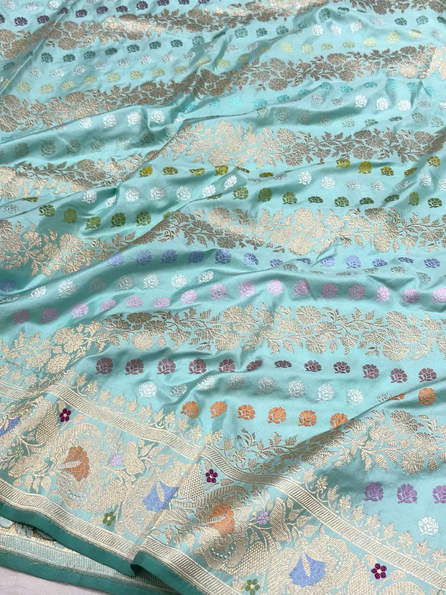 Dusty Sea Green Pure Double Katan Mulberry Silk | Kadhwa Technique | Handwoven Modern Authentic Banarasi Saree