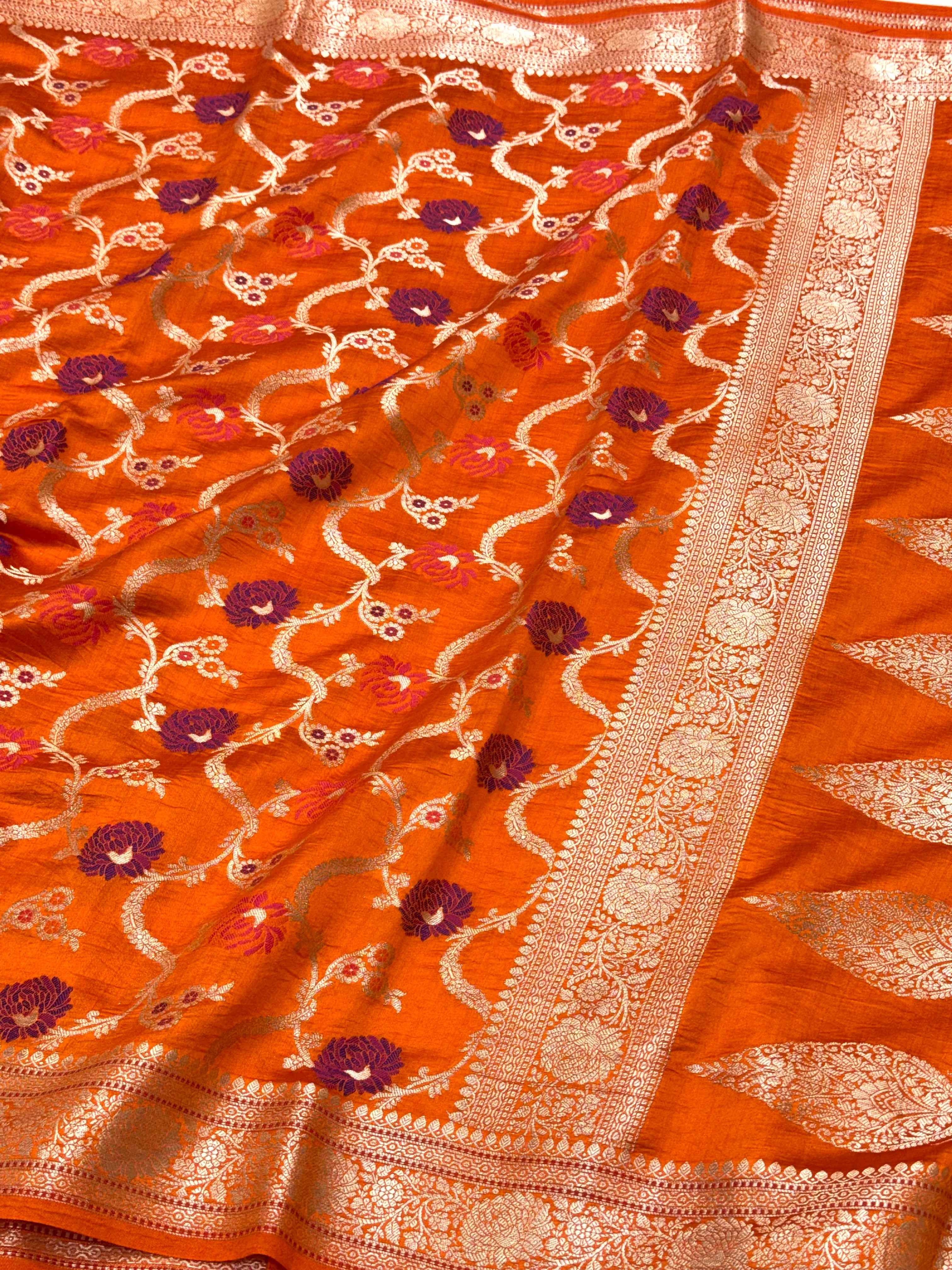 Orange Pure Mulberry Chiniya Silk Meenakari Banarasi Saree- Lightweight