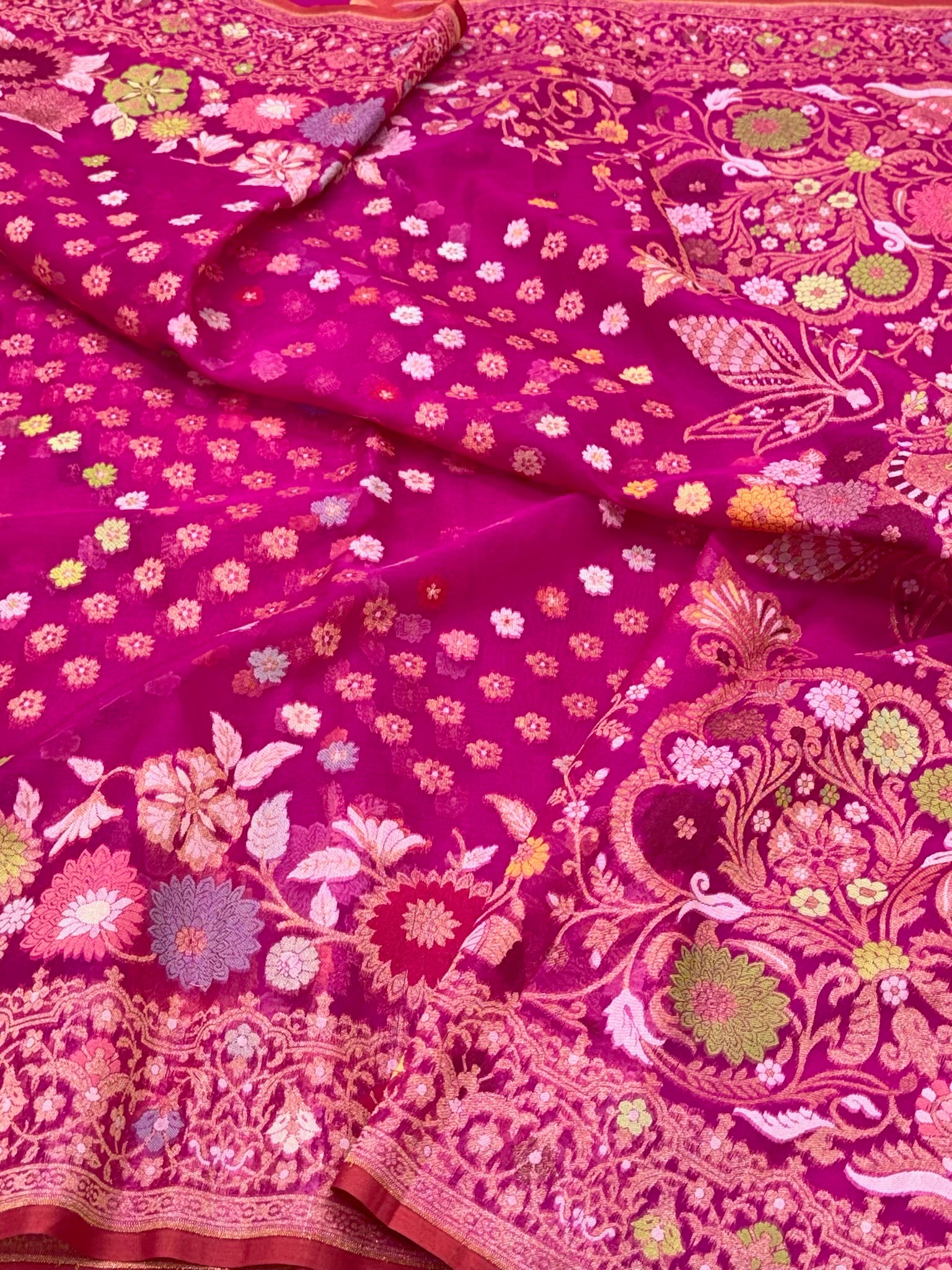 Fuchsia Pink Pure Kora Silk Jamdani | Ektara Technique | Handloom Banarasi Saree - The Banarasi Muse
