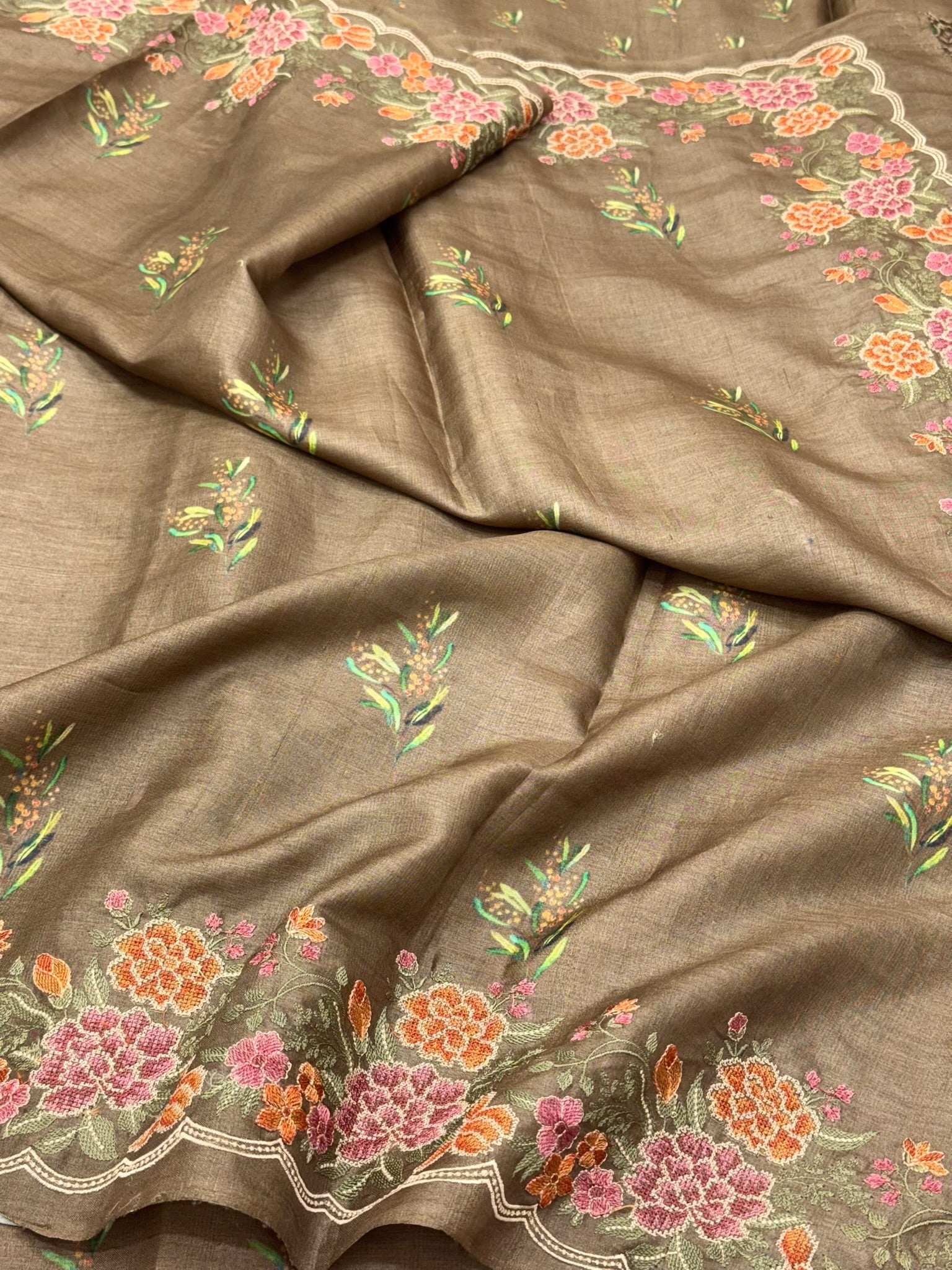 Chiku Brown Pure Tussar Silk Handloom Printed with Embroidery Banarasi Saree - Soft Lightweight Banarasi Saree