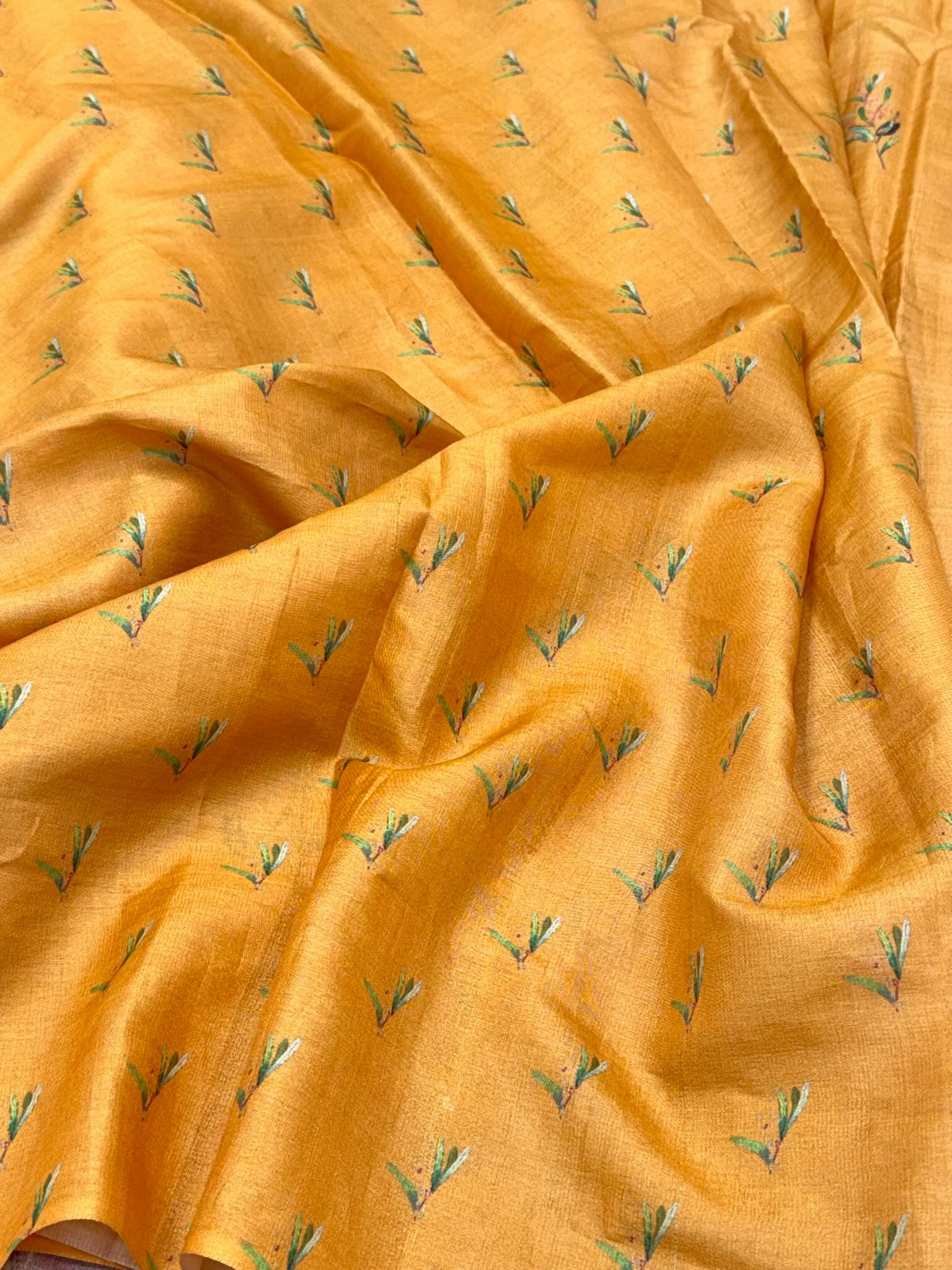 Mustard Yellow Pure Tussar Silk Handloom Printed with Embroidery Banarasi Saree - Soft Lightweight Banarasi Saree