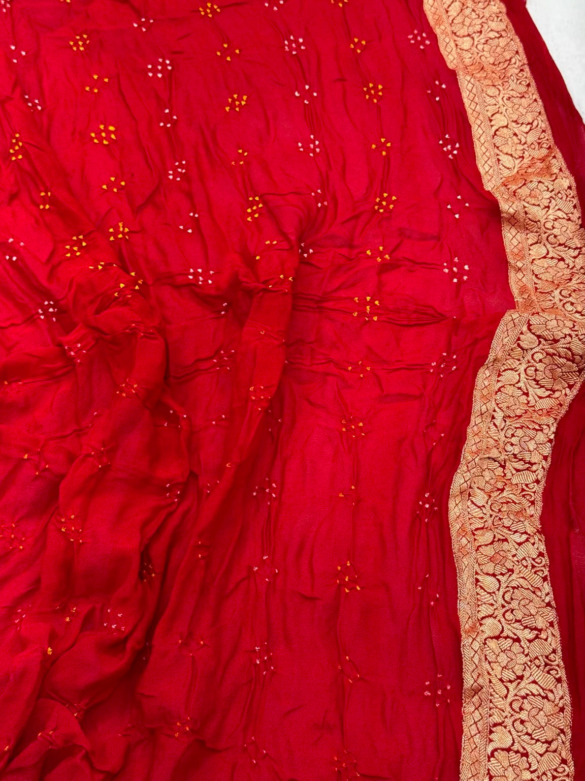 Red Pure Chiffon Georgette Soft Drape Lightweight Bandhej Saree | Handloom Contemporary Banarasi Saree