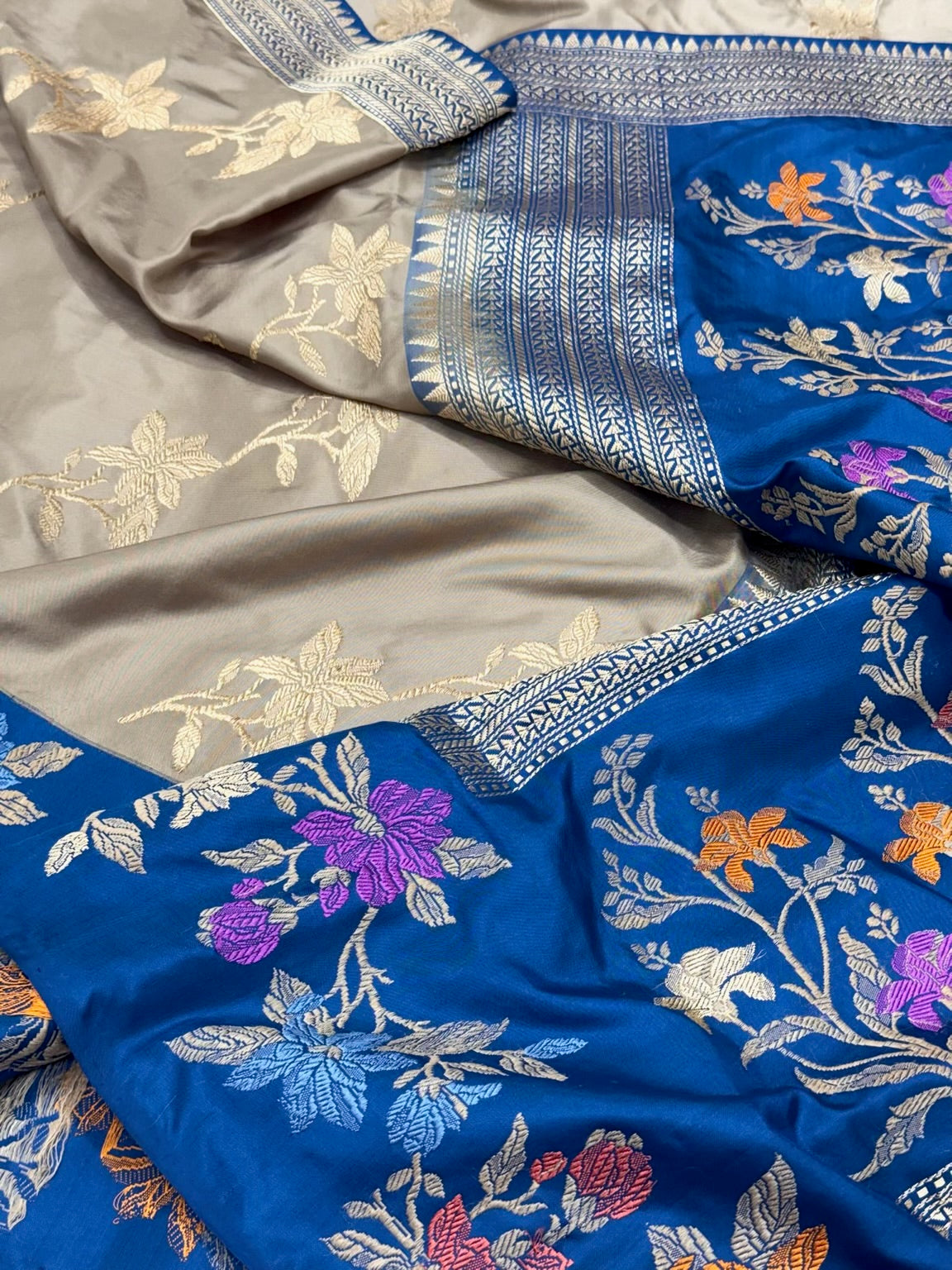 Beige Pure Katan Mulberry Silk saree | Kadhwa Ektara Weave | Banarasi Handwoven Modern Saree
