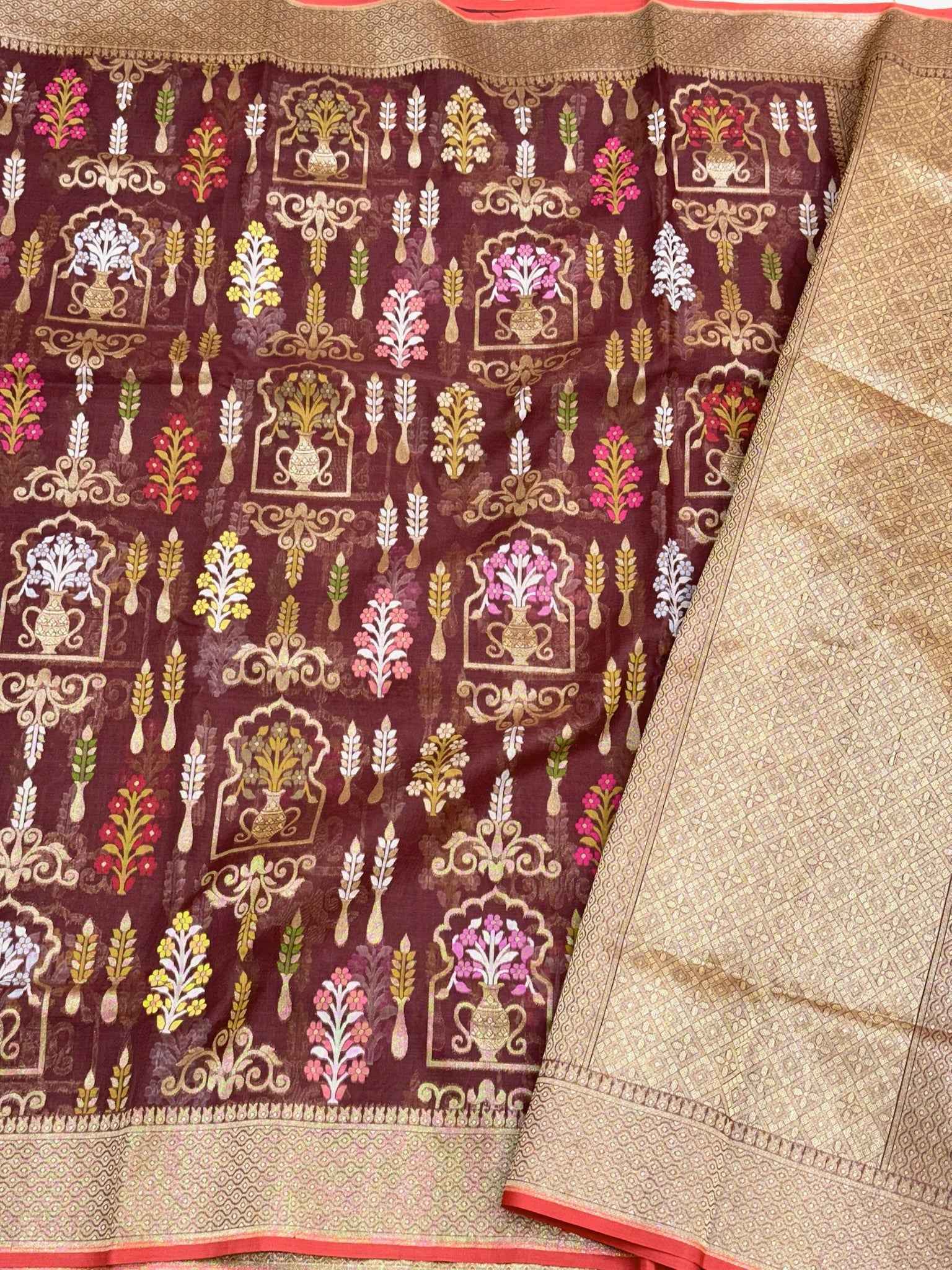 Brown Pure Kora Organza Silk Ektara Jamdani Handwoven Banarasi Saree