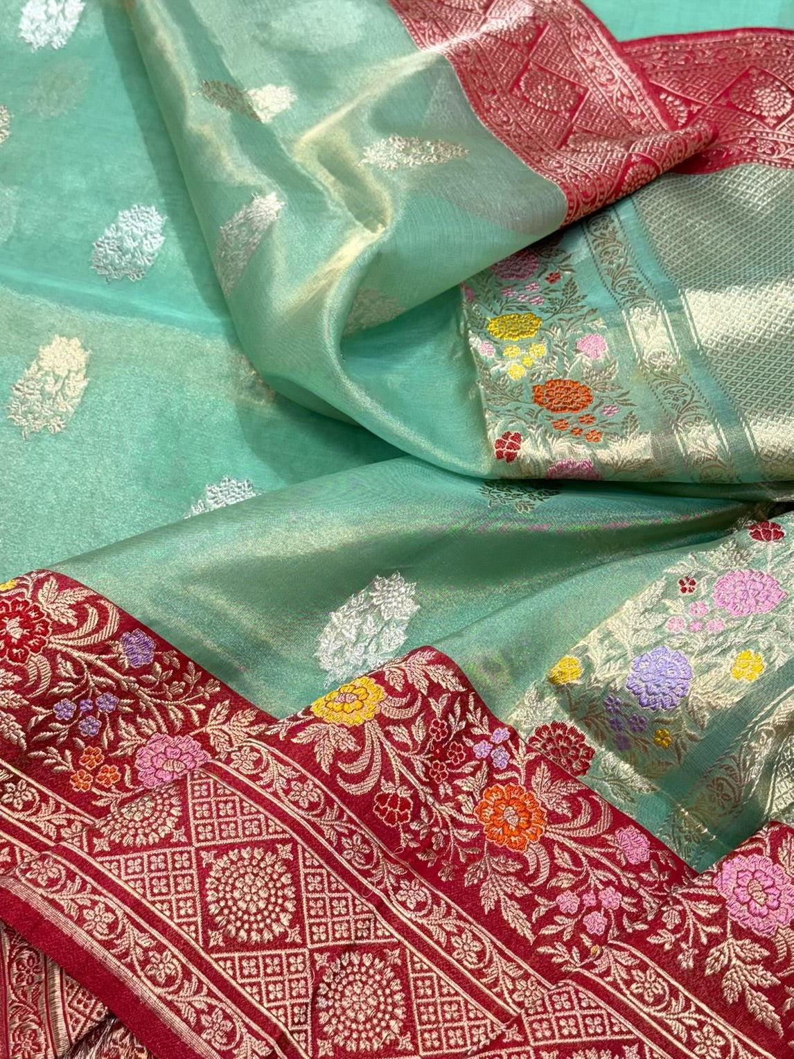 Sea Green Pure Kora Tissue Silk Handwoven Banarasi Silk Saree | Katan Silk Border & Blouse