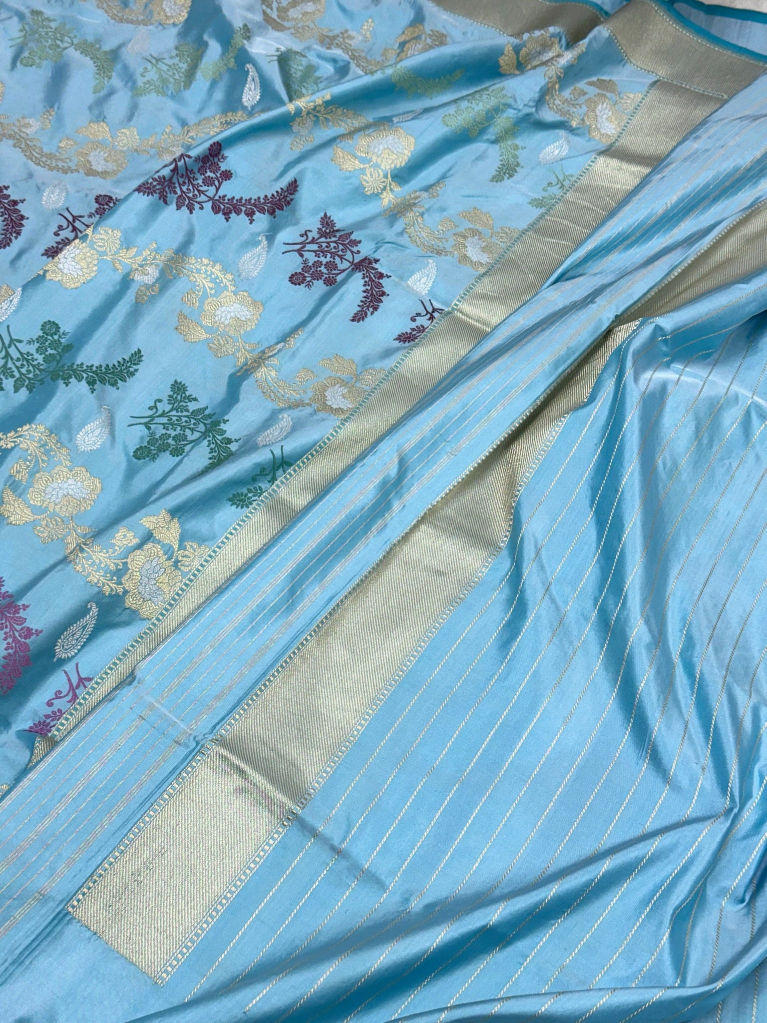 Sky Blue Pure Katan Silk Handwoven Banarasi Saree |Kadhuwa Weave|