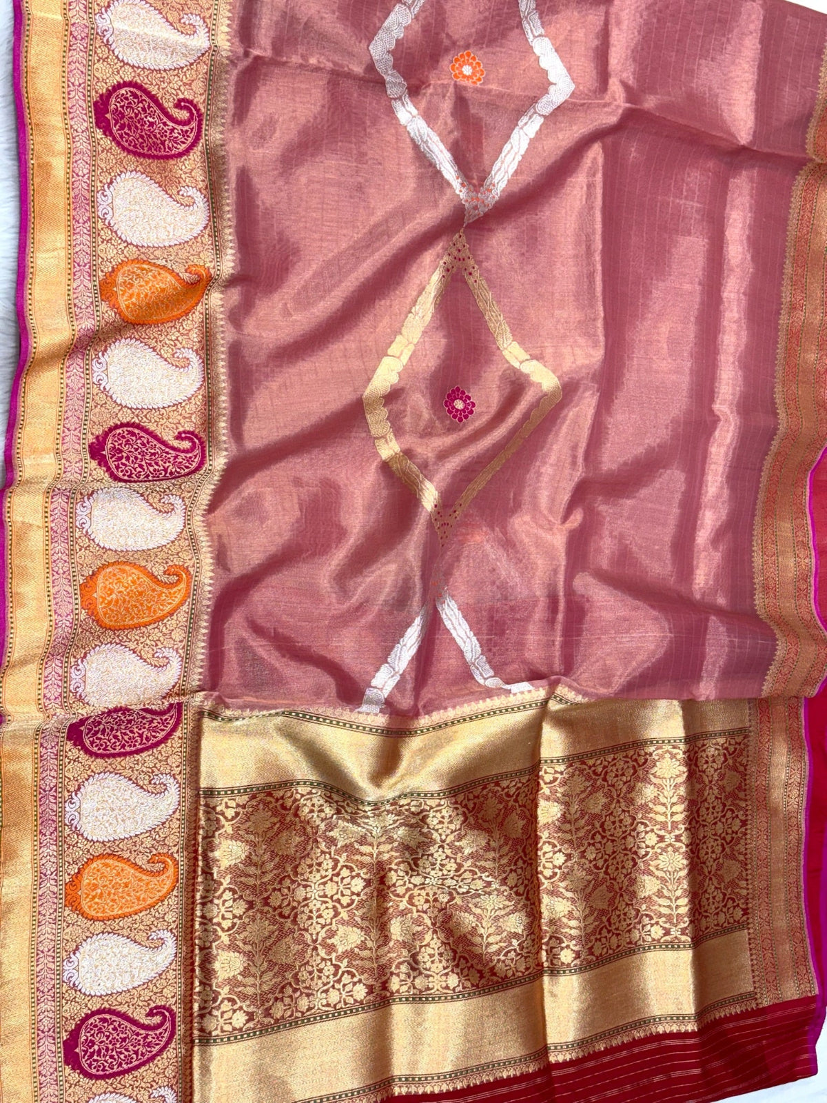 Rose Gold Pink Pure Kora Tissue Ektara Weave Handwoven Banarasi Silk Saree