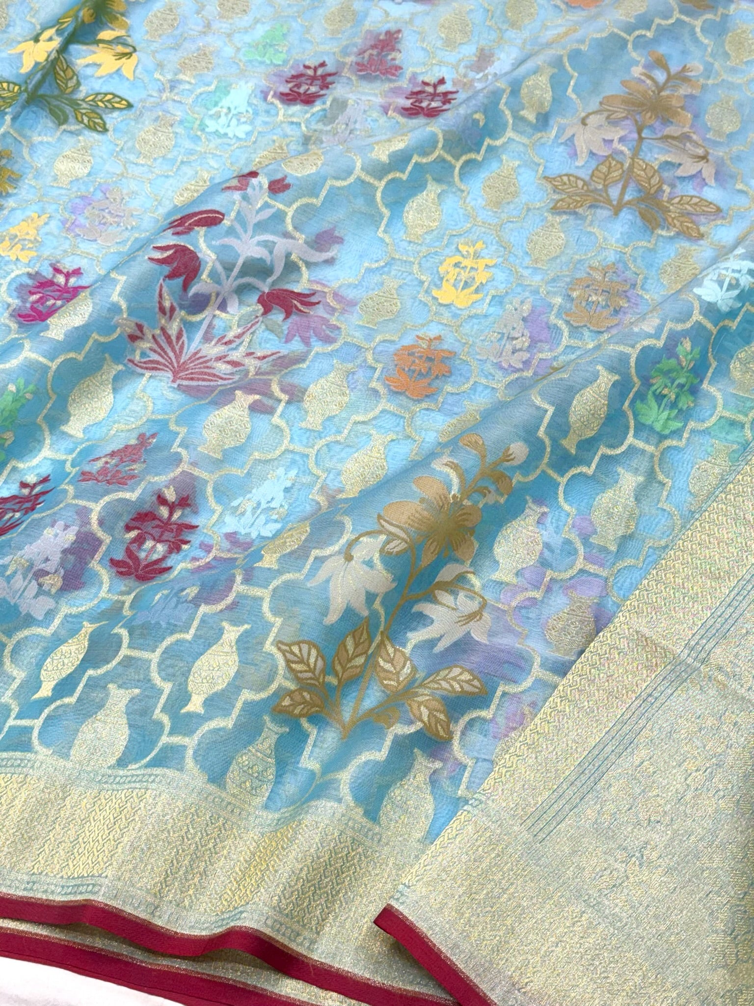 Sky Blue Pure Mulberry Kora ( Organza ) Silk Ektara Jamdani Handloom Banarasi Saree