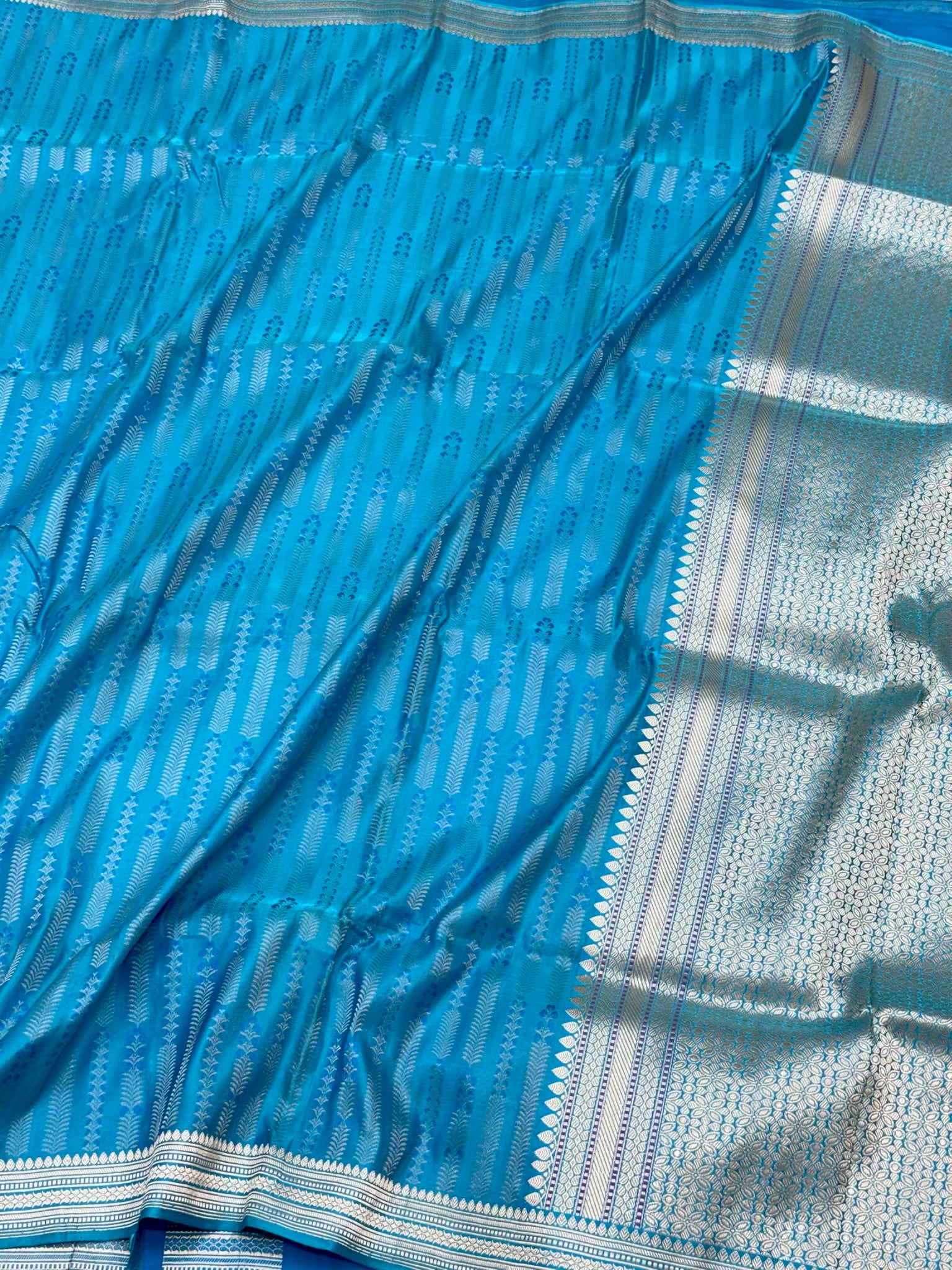 Sky Blue Pure Satin Silk | Kadhwa + Tanchoi Weave | Handwoven Contemporary Banarasi Saree