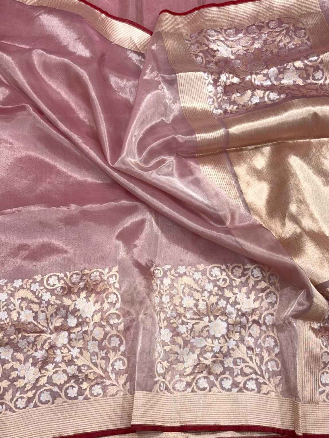 Rose Gold Pink Pure Tissue Silk Saree - 100% Pure Kora Silk | Kadhwa Weave | Handwoven Banarasi Silk Saree - Modern Contemporary Saree