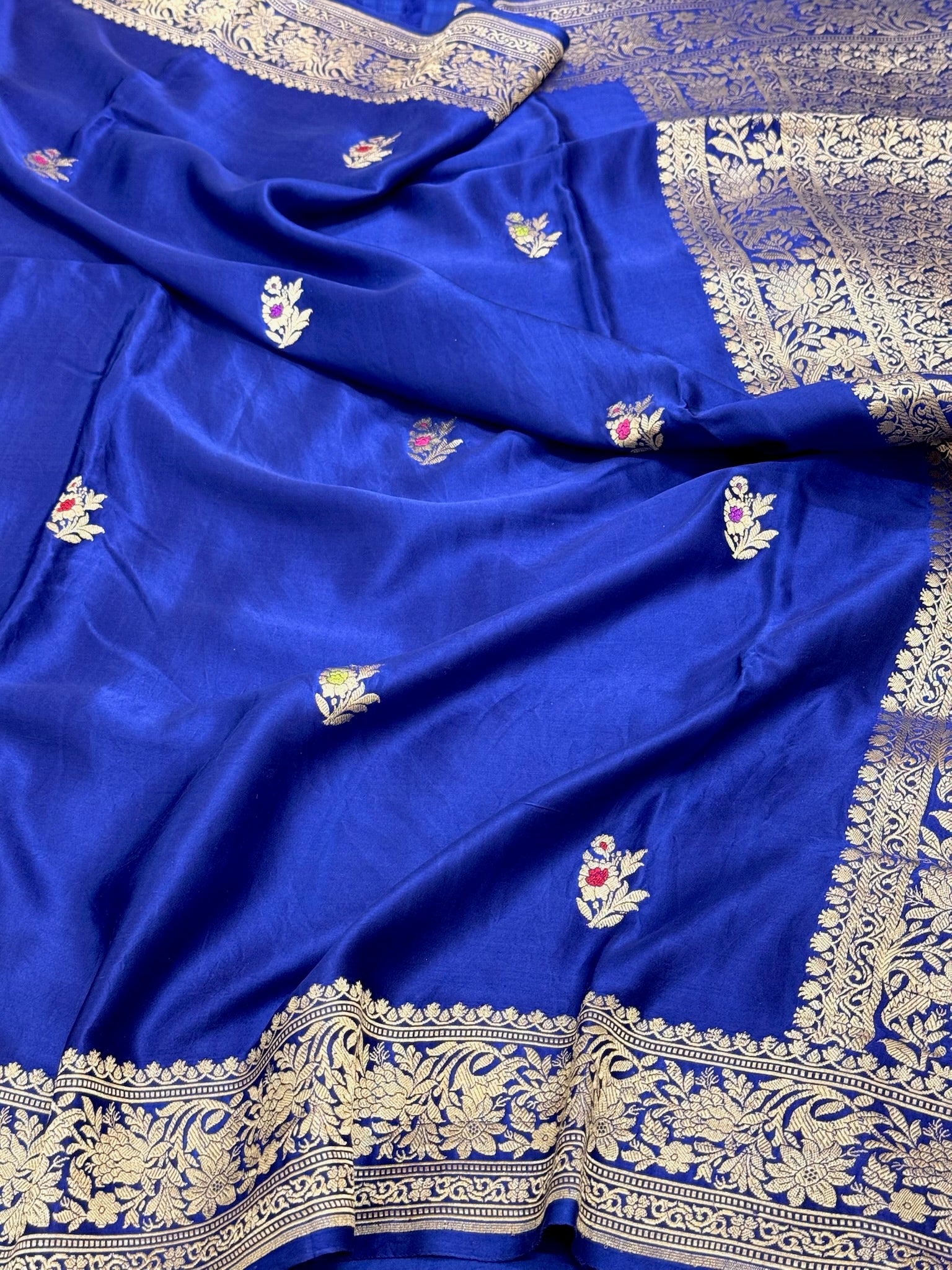 Royal Blue Pure Mashru Satin Silk Handwoven Banarasi Saree