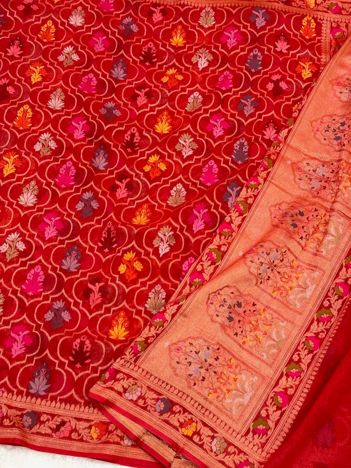 Red Pure Muslin Cotton Jamdani Handloom Banarasi Saree |Ektara Weave|