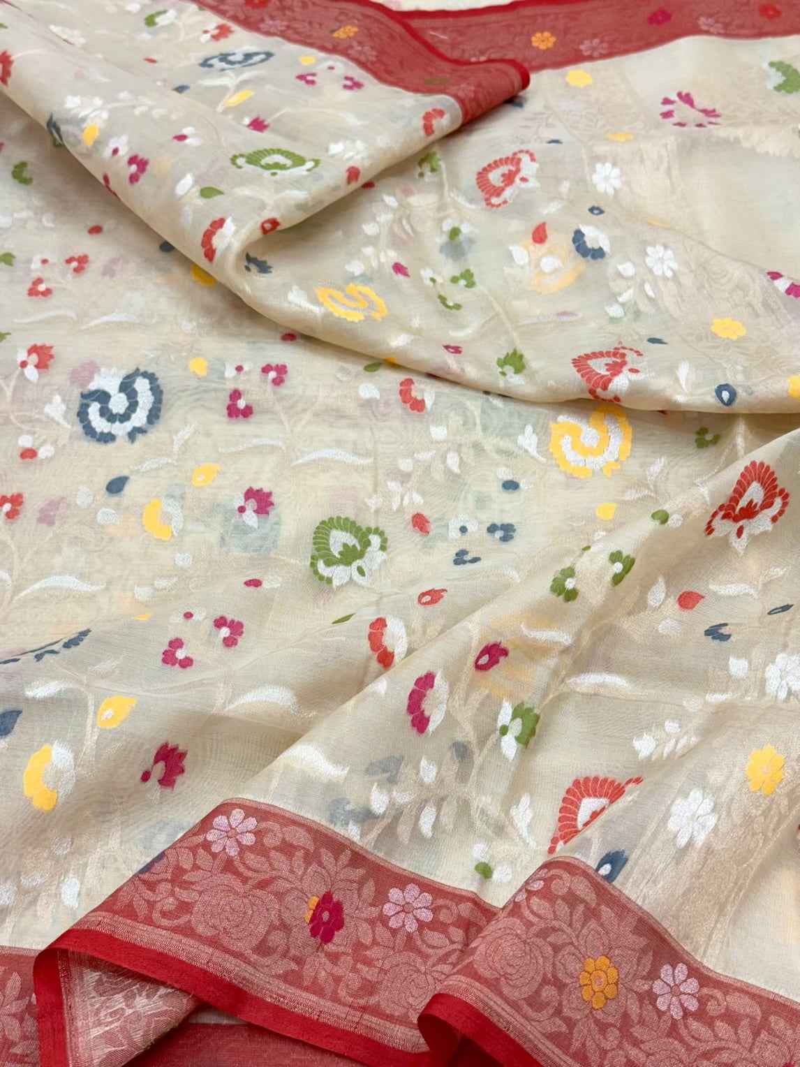 Ivory Pure Kora Silk Handwoven Banarasi Saree | Soft Drape Lightweight Banarasi Ektara Saree