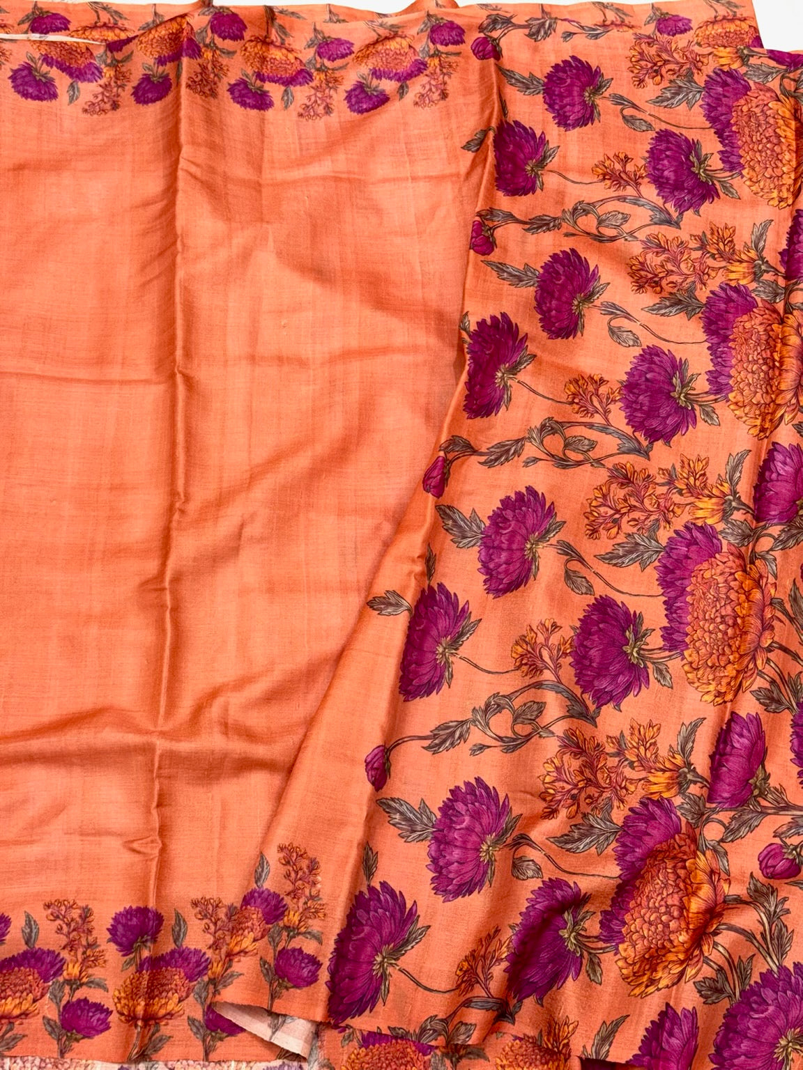 Peach Orange Pure Tussar Silk Handloom Printed Banarasi Saree - Soft Lightweight Banarasi Saree