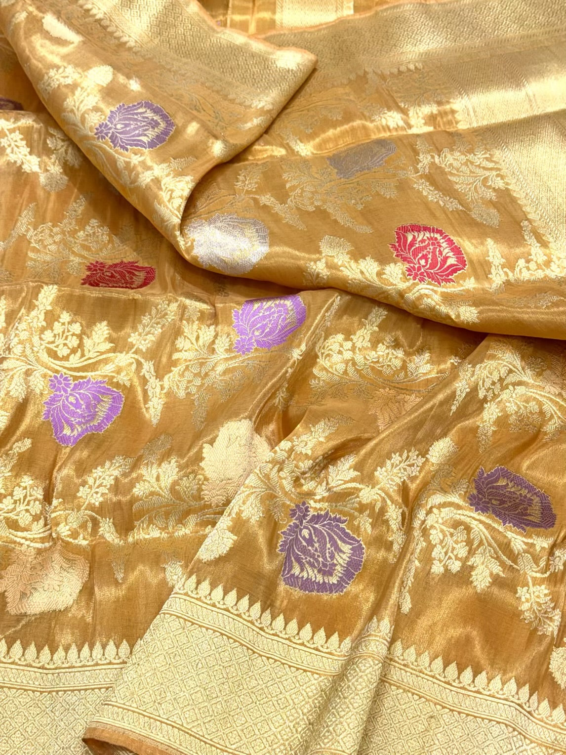 Gold Pure Katan Tissue Silk Saree | Kadhwa Technique | Handwoven Banarasi Silk Saree