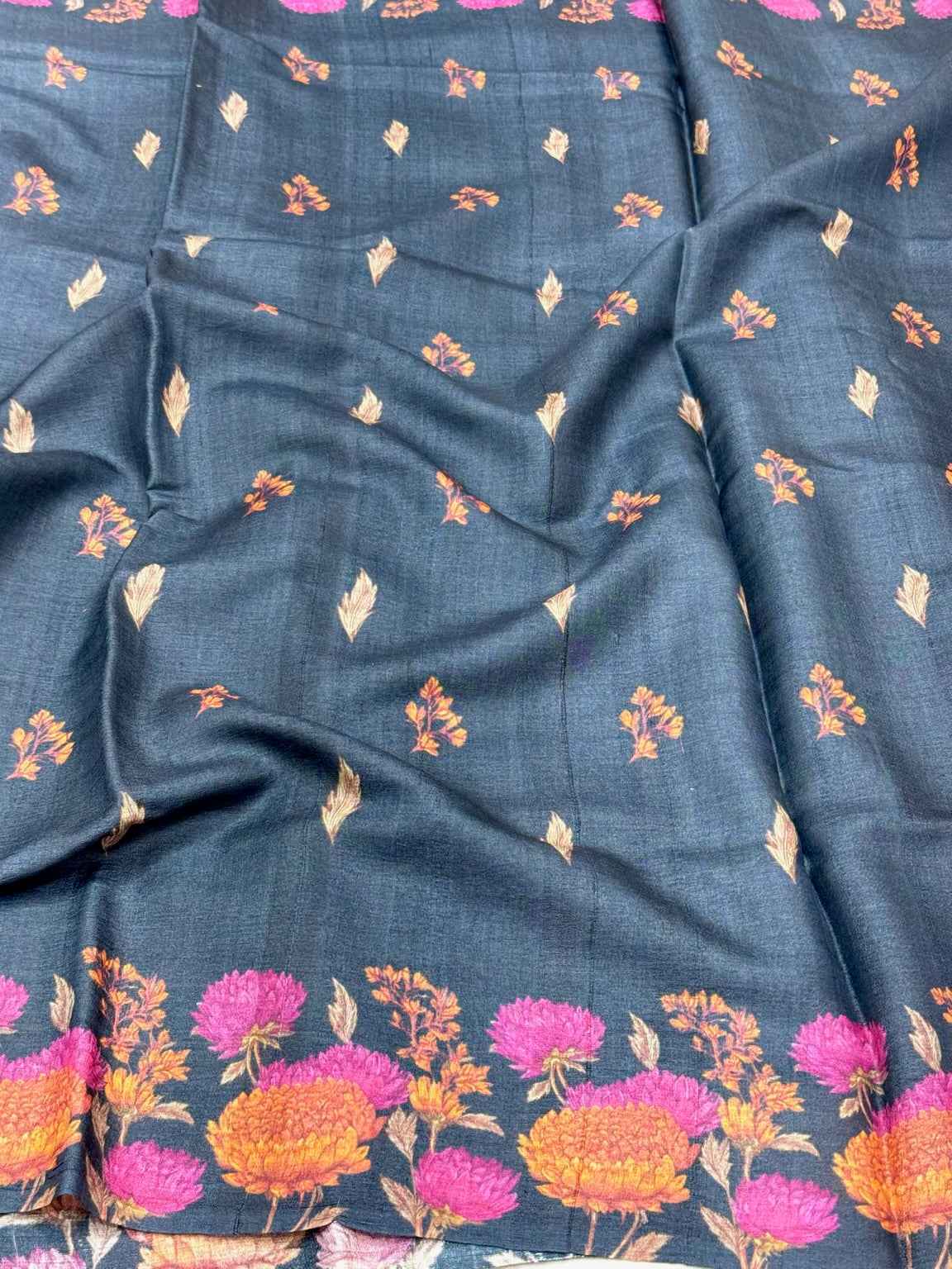 Black Pure Tussar Silk Handloom Printed Banarasi Saree - Soft Lightweight Banarasi Saree