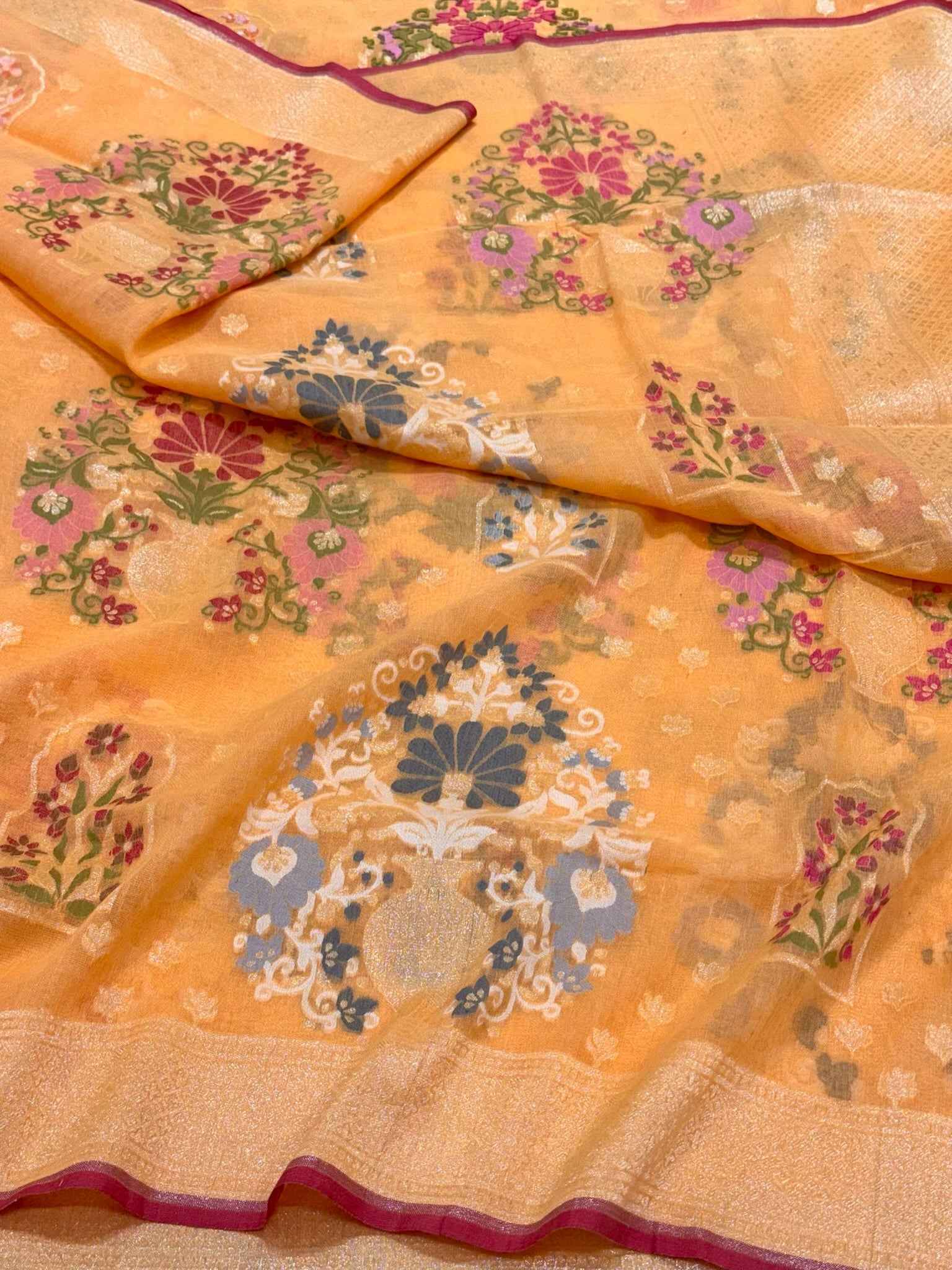 Orange Pure Muslin Cotton Jamdani Handloom Banarasi Saree - Ektara Weave