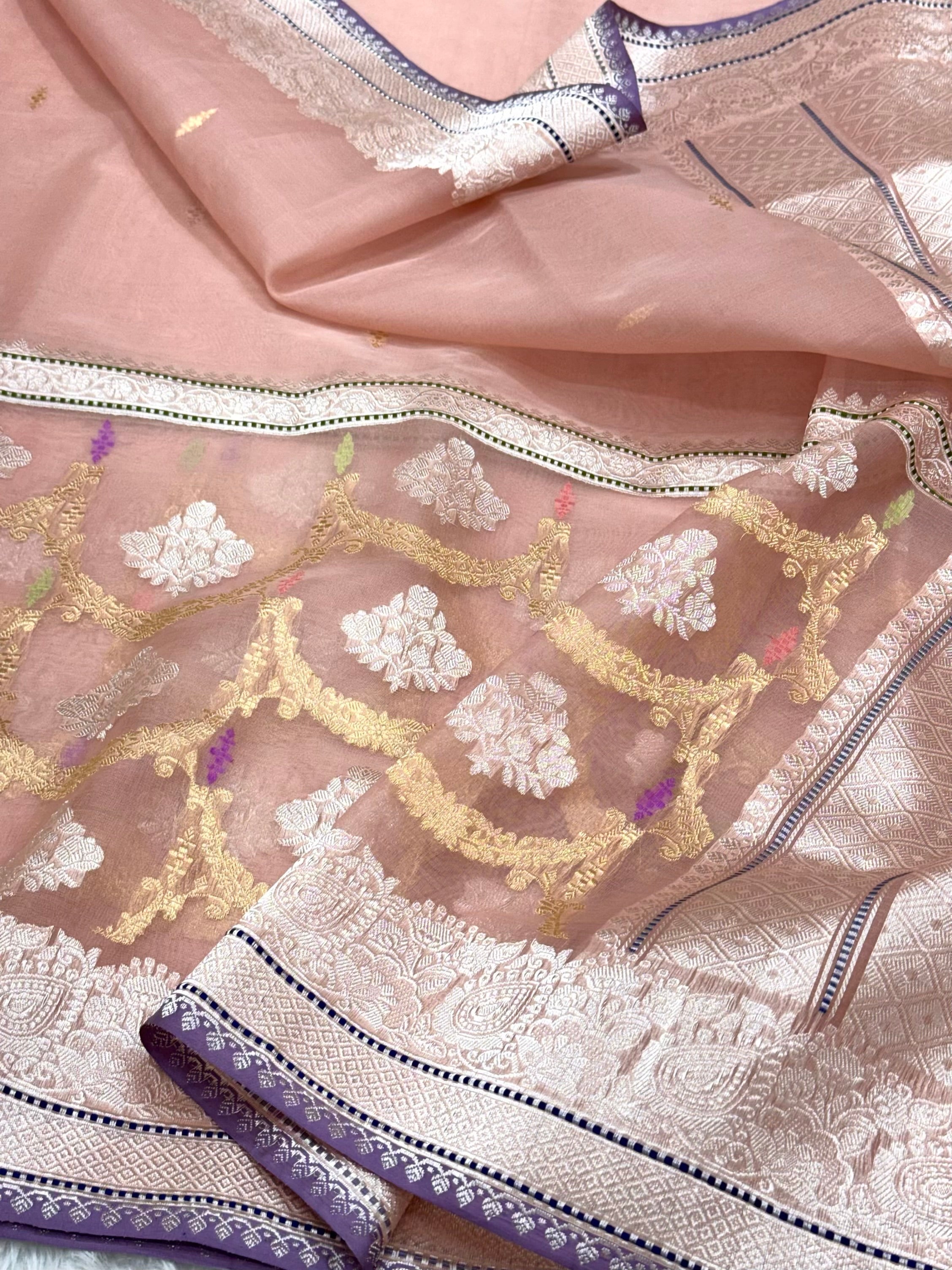 Peach Pure Kora Silk Handwoven Banarasi Half & Half Saree