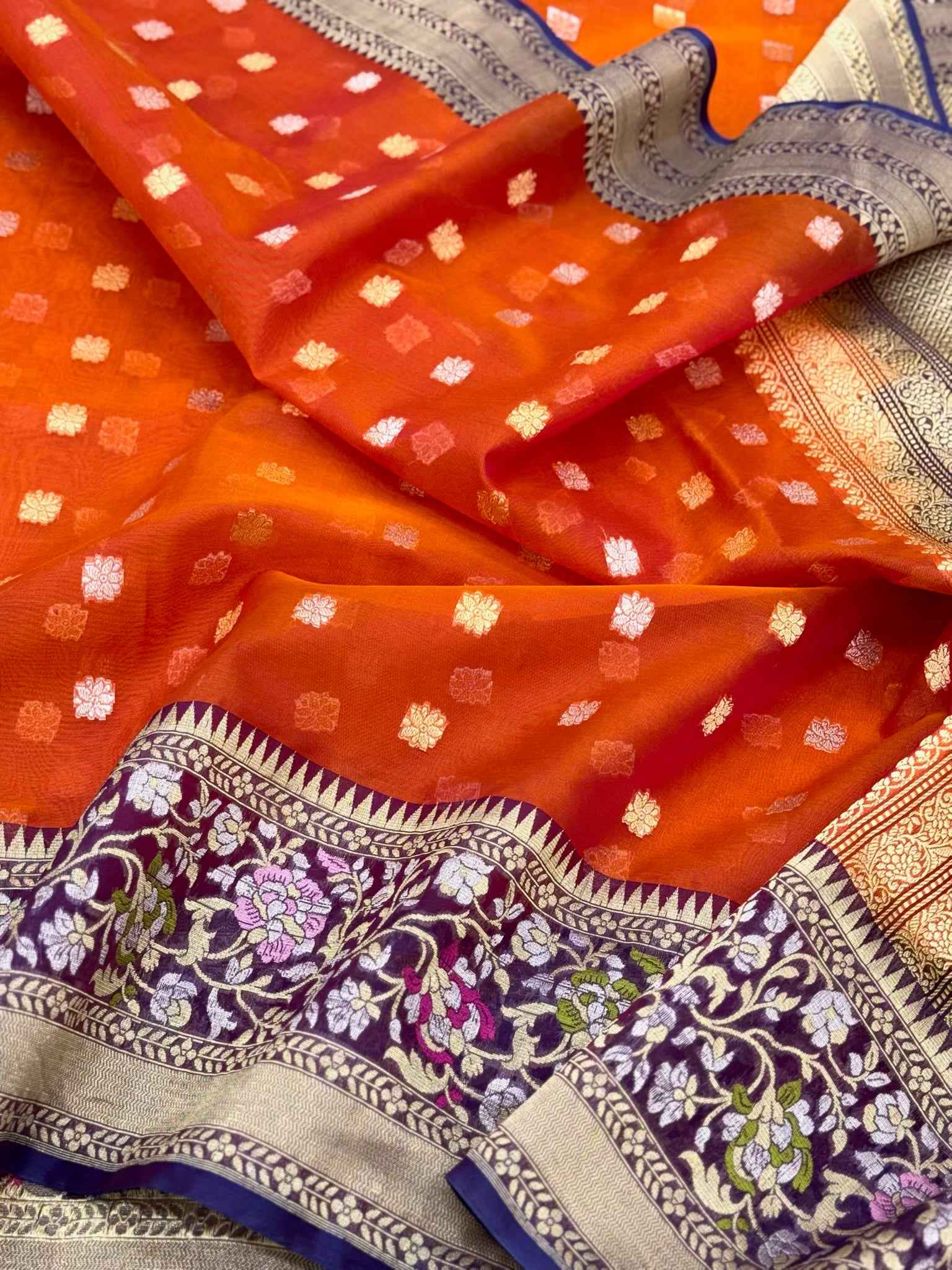 Rust Orange Pure Mulberry Kora Silk Handwoven Banarasi Saree - Skirt Border