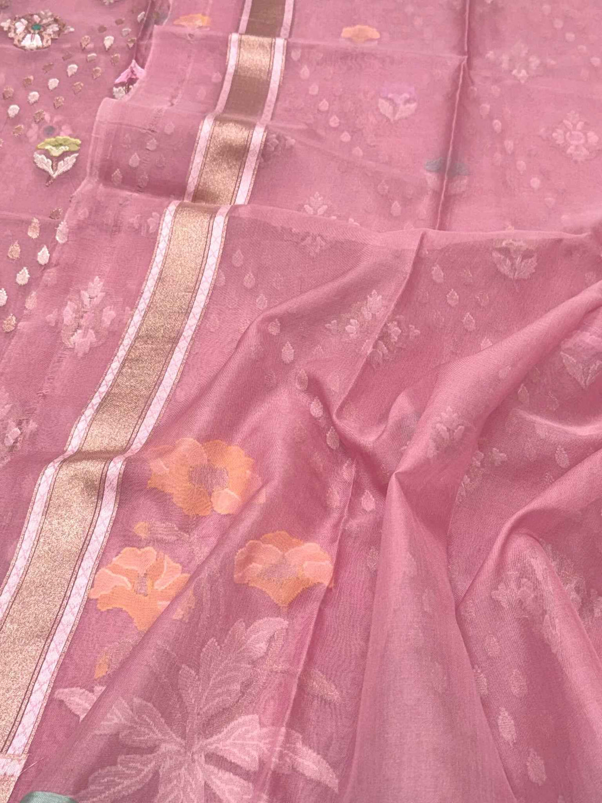 Powder Pink Pure Mulberry Kora ( Organza ) Silk Ektara Jamdani Handloom Contemporary Banarasi Lightweight Saree