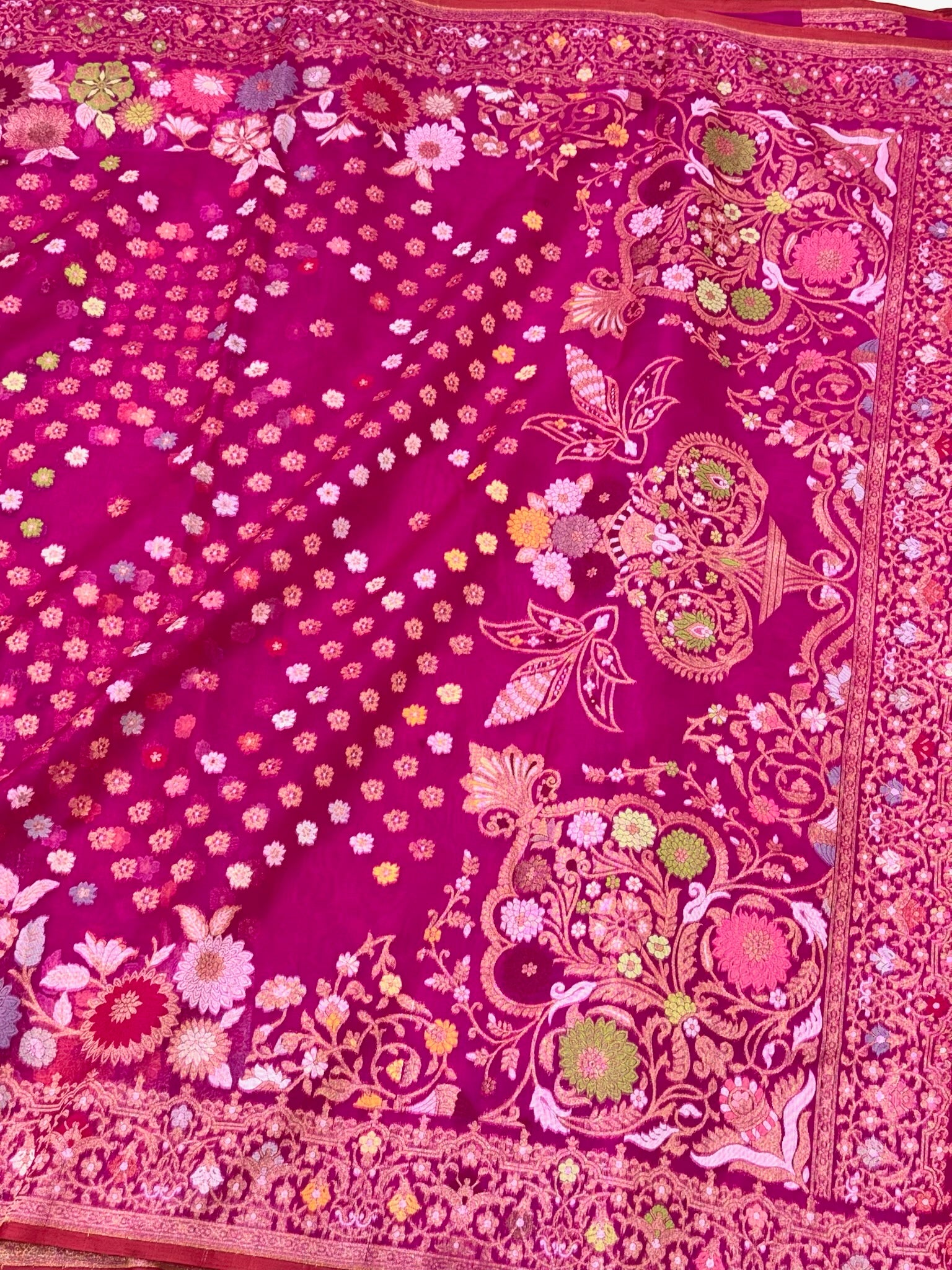 Fuchsia Pink Pure Kora Silk Jamdani | Ektara Technique | Handloom Banarasi Saree - The Banarasi Muse