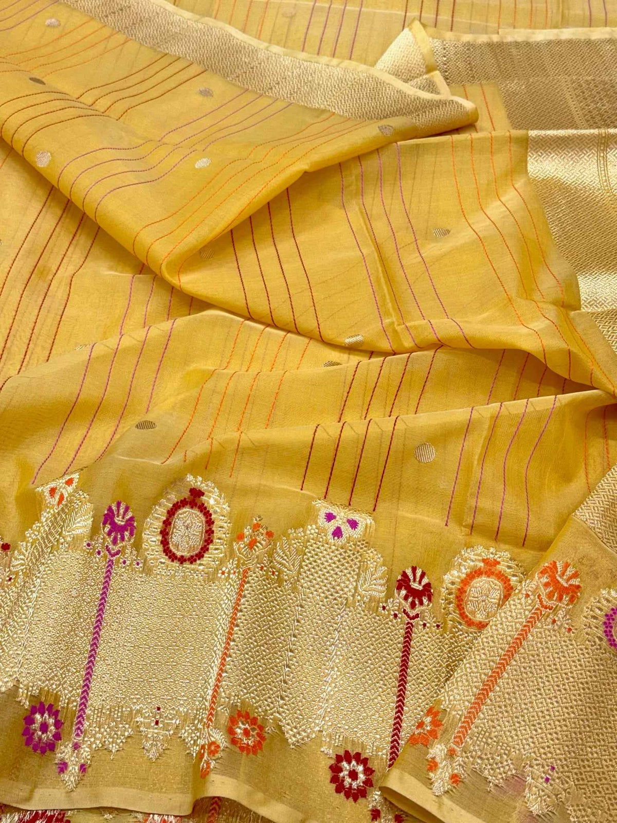 Mustard Yellow Pure Mulberry Kora Silk Handwoven Banarasi Saree