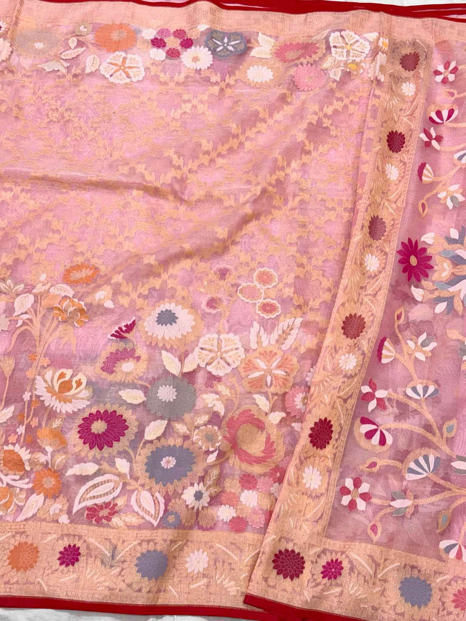 Baby Pink Pure Mulberry Kora Silk | Ektara Technique | Jamdani Handloom Contemporary Banarasi Modern Saree